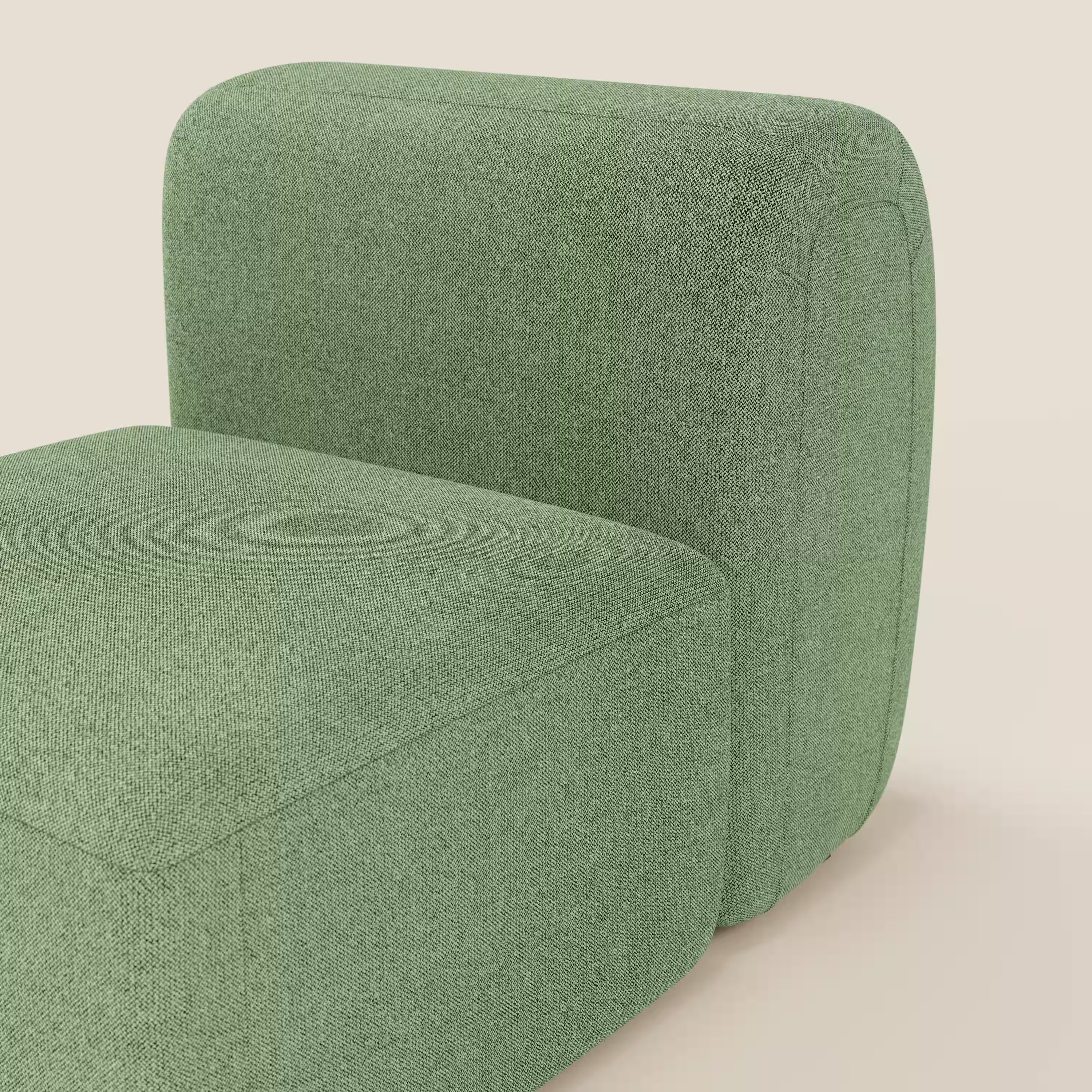 Primo piano di BonBon modulo centrale 70 cm di Divani.Store: una sedia o un mobile componibile moderno e senza braccioli in tessuto antimacchia T23 menta, con bordi arrotondati e una forma a blocco minimalista su uno sfondo beige chiaro.