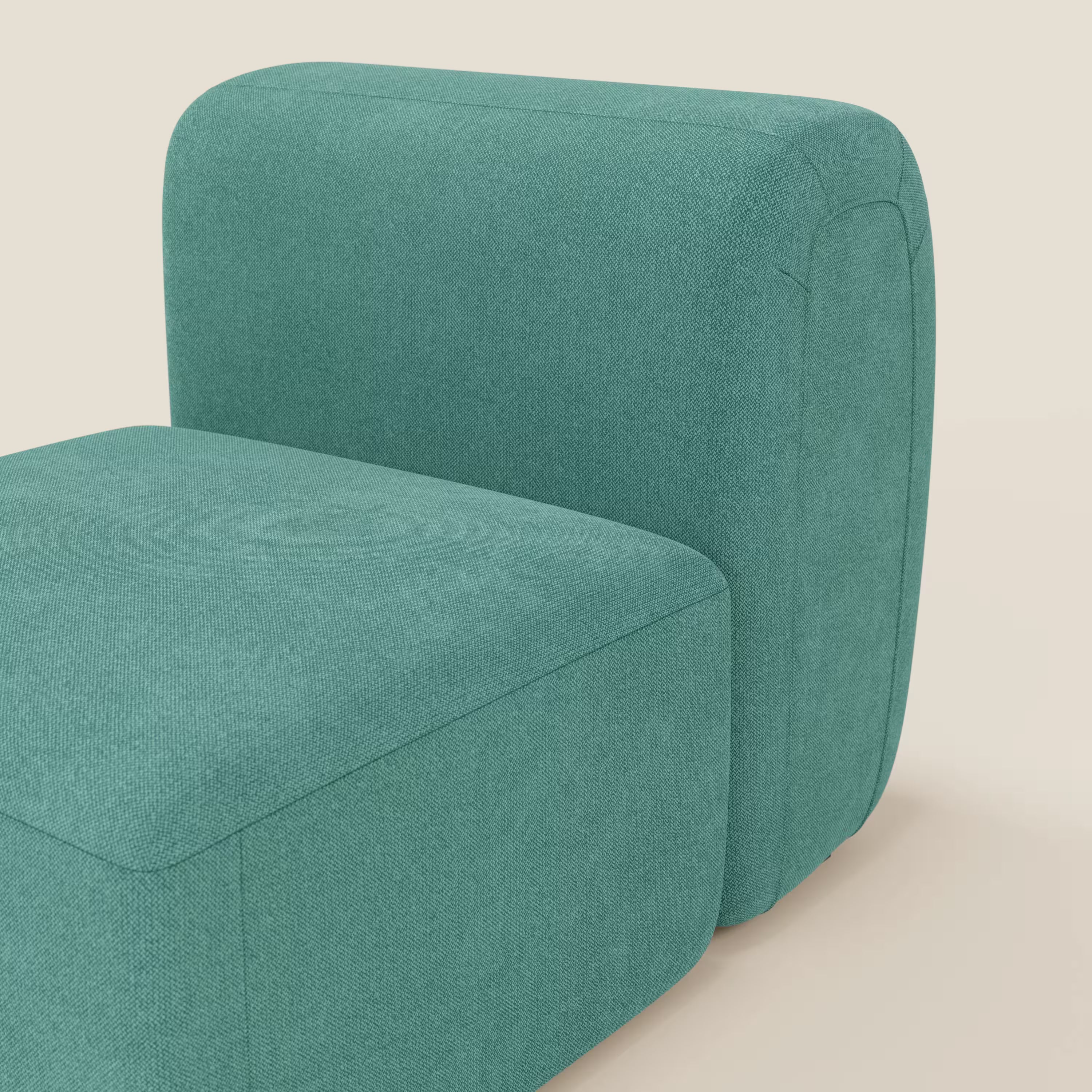 Il BonBon modulo centrale 70 cm di Divani.Store, in tessuto smacchiabile T23 verde acqua, è mostrato contro uno sfondo beige chiaro; linee morbide e design minimal lo rendono perfetto come elemento per un divano componibile.