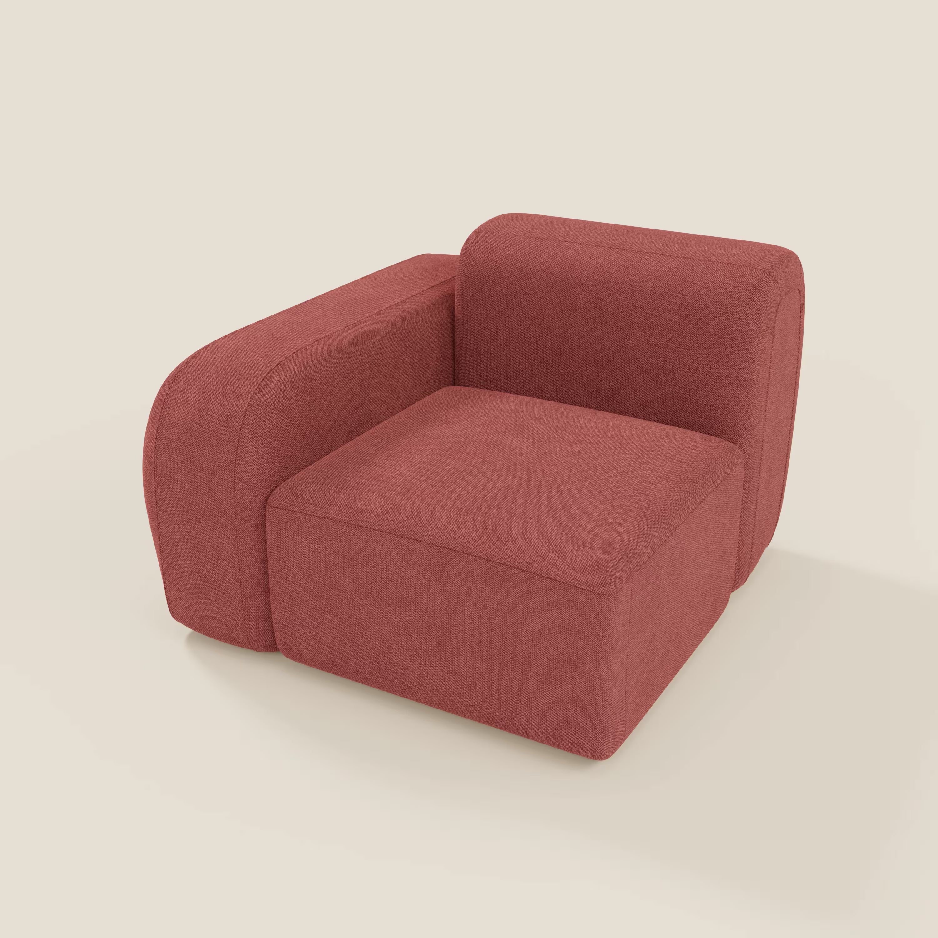 Divani.Store BonBon modulo terminale 105 cm, in tessuto antimacchia T23 rosso ciliegia, presenta un moderno design oversize con braccioli e schienale spessi e arrotondati, linee pulite e una seduta bassa su uno sfondo bianco sporco.