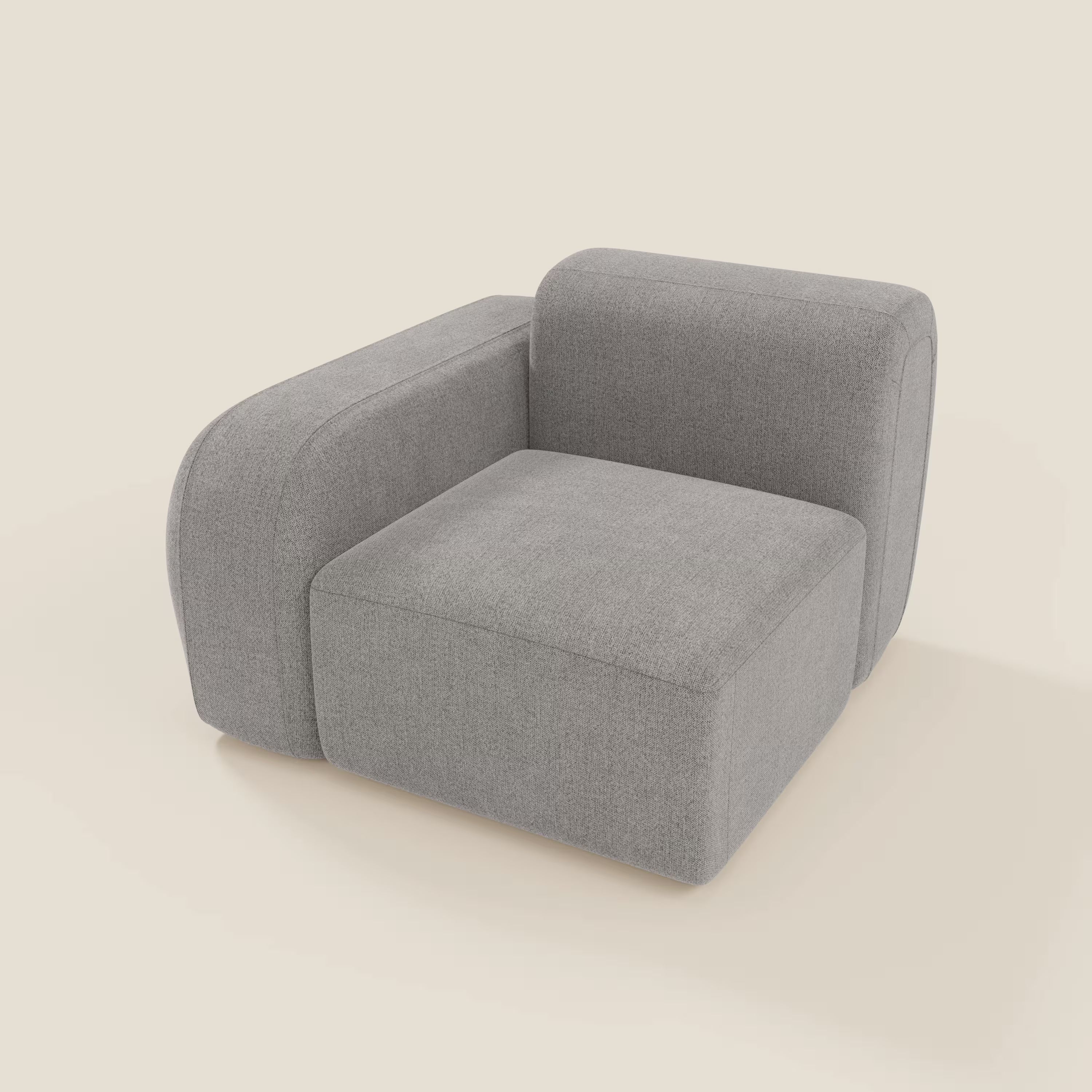 Il BonBon modulo terminale 105 cm sinistro o destro di Divani.Store è caratterizzato da spessi cuscini rettangolari e bordi curvi in tessuto smacchiabile T23 grigio, con un design geometrico a basso profilo che ricorda un divano componibile.