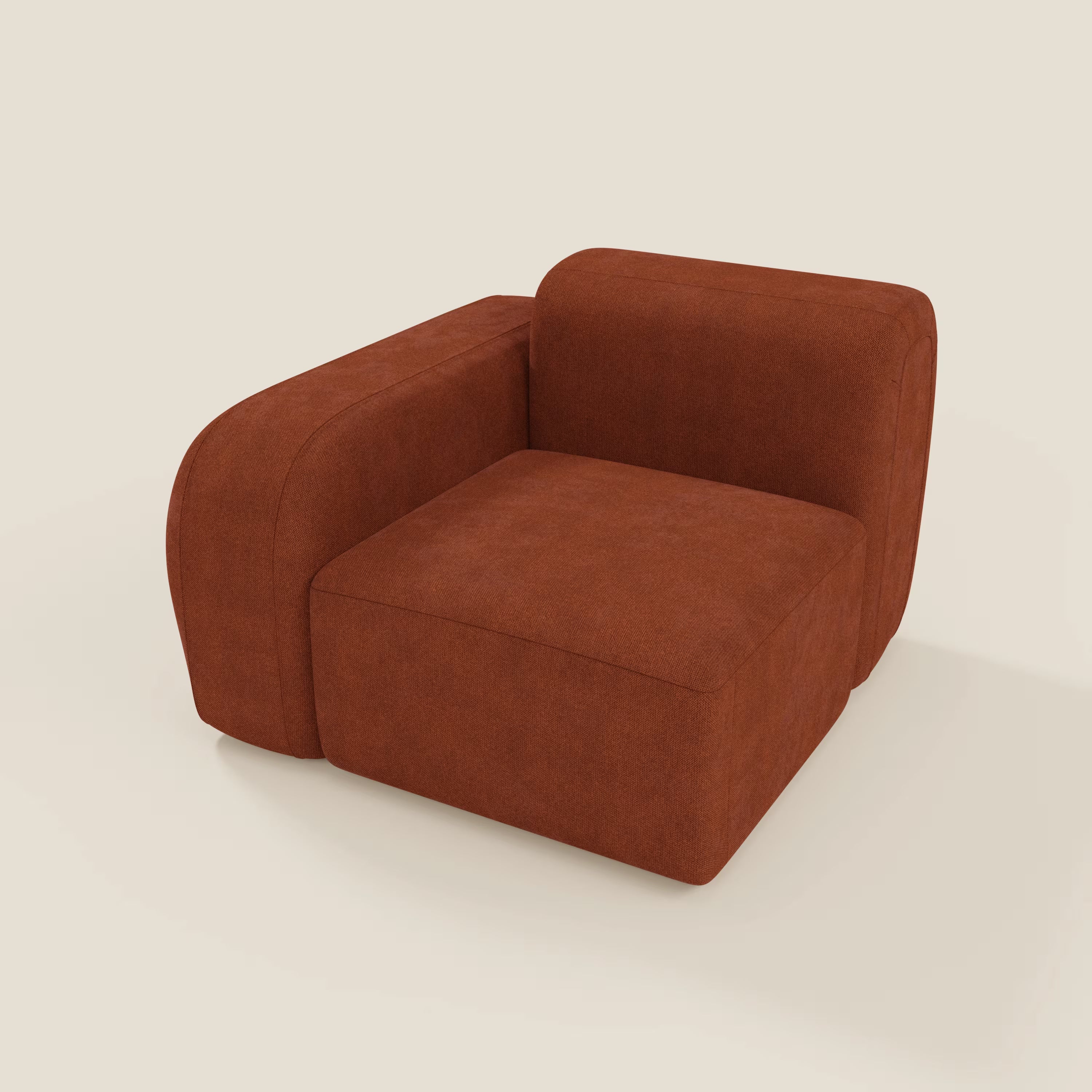 BonBon modulo terminale 105 cm di Divani.Store è una poltrona moderna e di basso profilo in tessuto smacchiabile T23 ruggine, con seduta squadrata, spessi braccioli rettangolari e schienale coordinato con bordi arrotondati.