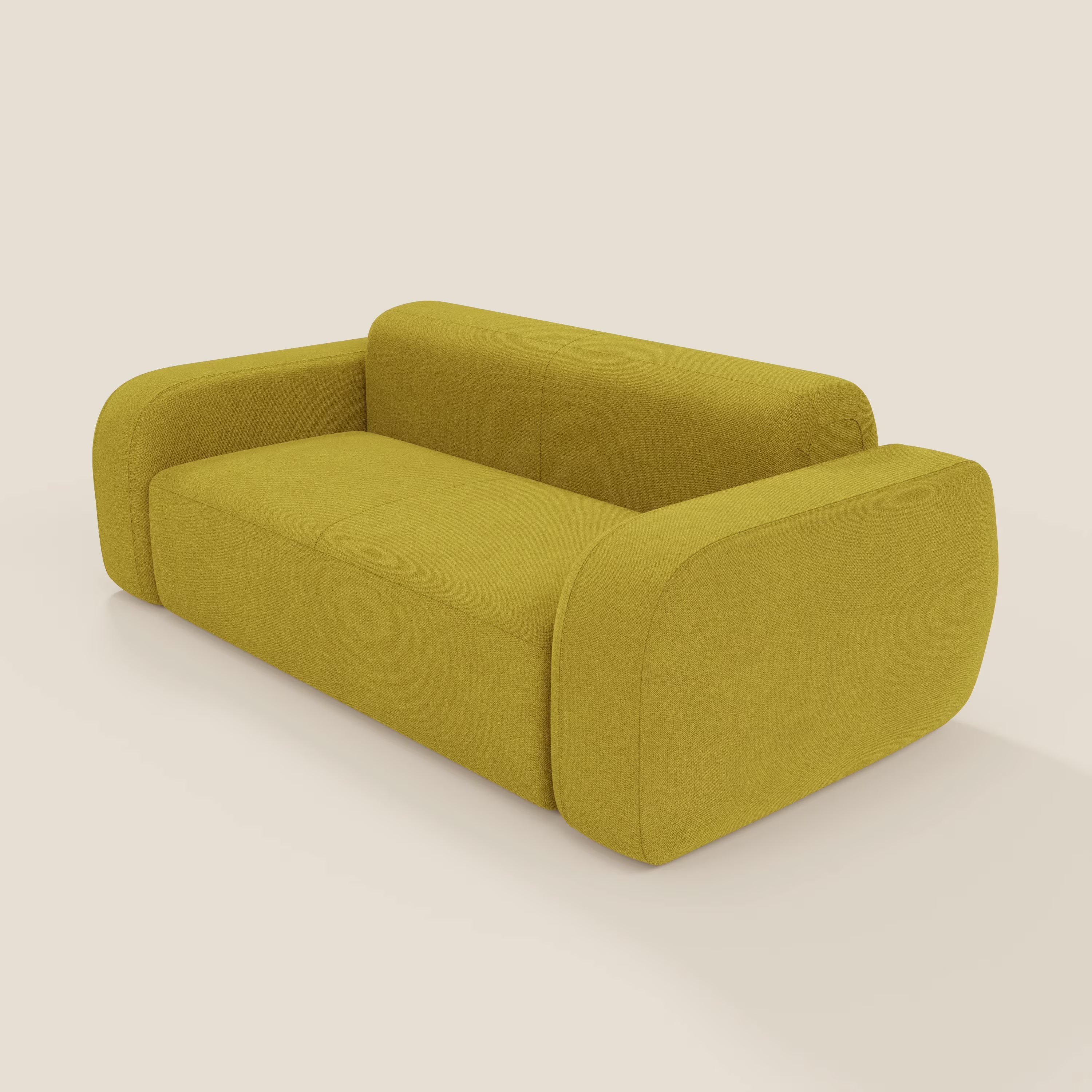 Il BonBon Divano modulare Lineare 220 di Divani.Store in smacchiabile T23 giallo sole è caratterizzato da cuscini morbidi e squadrati, braccioli arrotondati e un design minimalista con imbottitura liscia e gambe nascoste su sfondo crema.