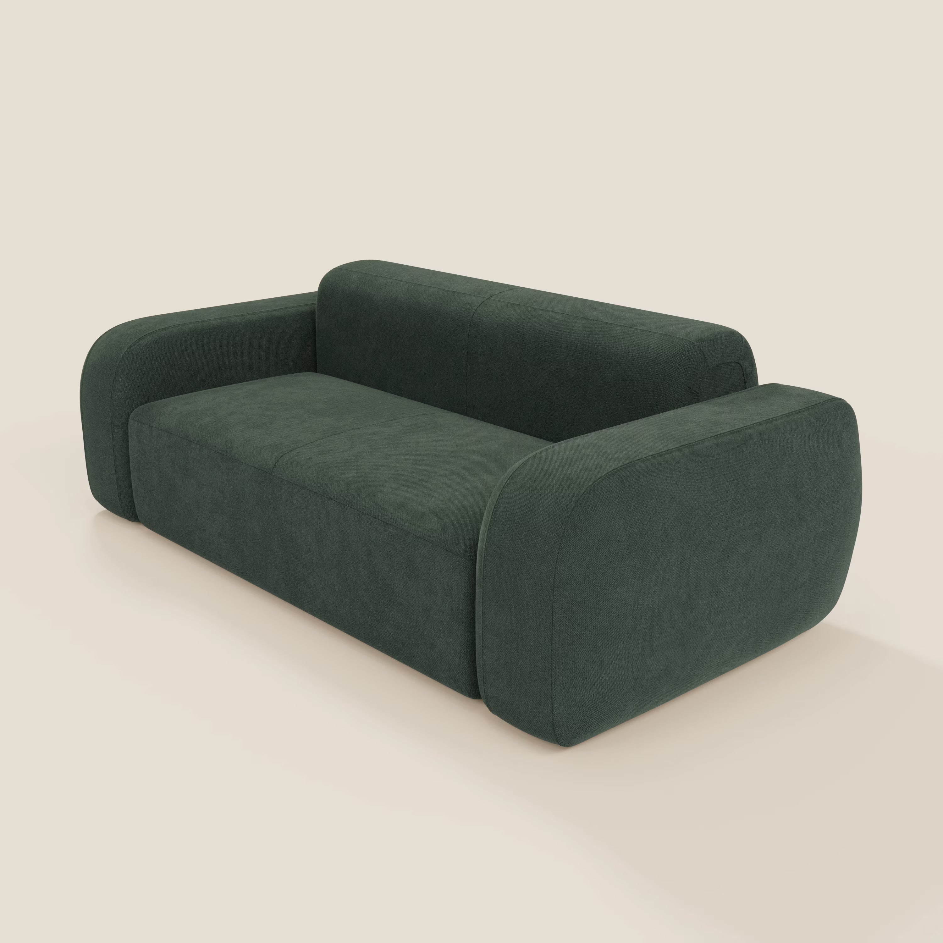 Il BonBon Divano modulare Lineare 220 di Divani.Store in smacchiabile T23 verde ha un design moderno, morbido e squadrato, con braccioli e schienale spessi e arrotondati, senza gambe o accenti visibili, su uno sfondo beige chiaro.