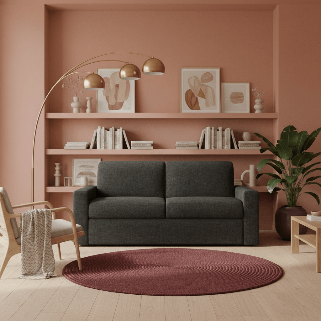 Un soggiorno moderno è caratterizzato dal divano letto matrimoniale Diomede in velluto easy clean sfoderabile di Divani.Store (T35 antracite), da un tappeto rotondo marrone, da una lampada da terra curva dorata, da una poltrona beige con coperta, da pareti rosa, da libri, da decorazioni e da una pianta verde in vaso.