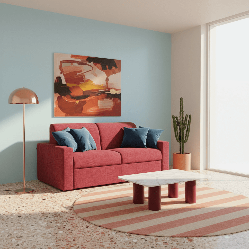 Un soggiorno moderno con il divano letto matrimoniale Diomede in velluto easy clean T35 rosso di Divani.Store, cuscini blu e grigi, tappeto a righe rotonde, tavolino in marmo, cactus in vaso, lampada da terra in rame e arte astratta su una parete azzurra.