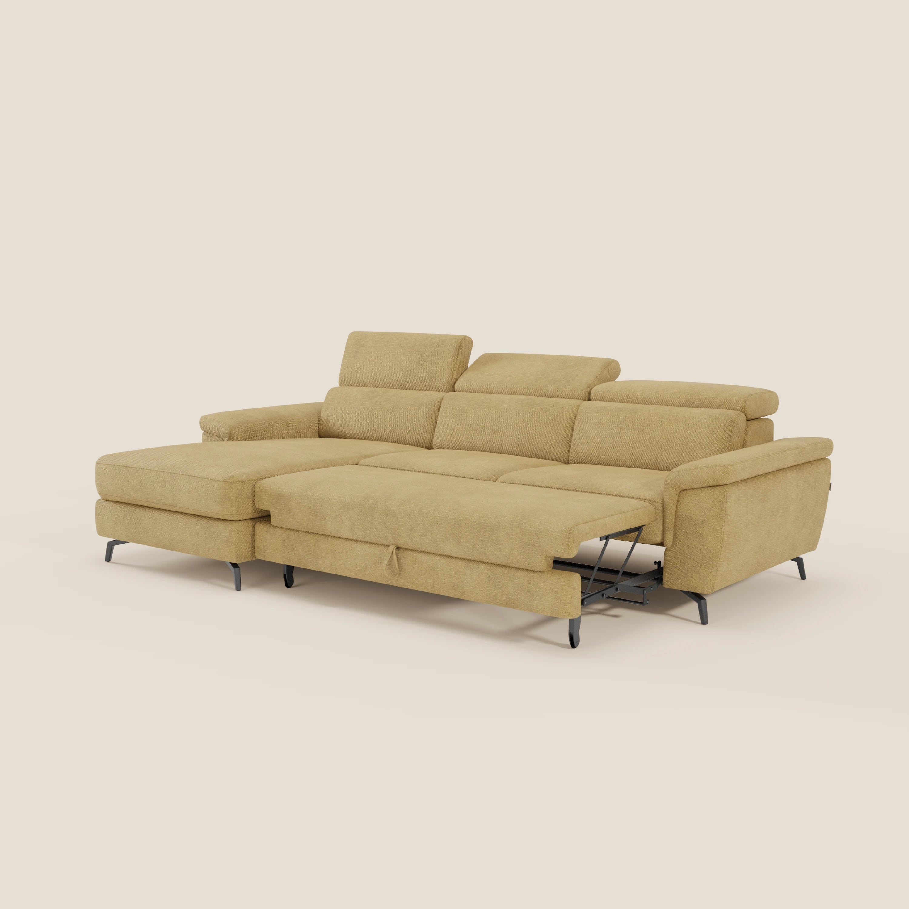 Il divano Estro estraibile di Divani.Store in impermeabile T14 giallo è dotato di chaise-longue, poggiatesta reclinabili, gambe nere in metallo e letto estraibile. Linee moderne e chaise a sinistra lo rendono perfetto per il relax versatile.