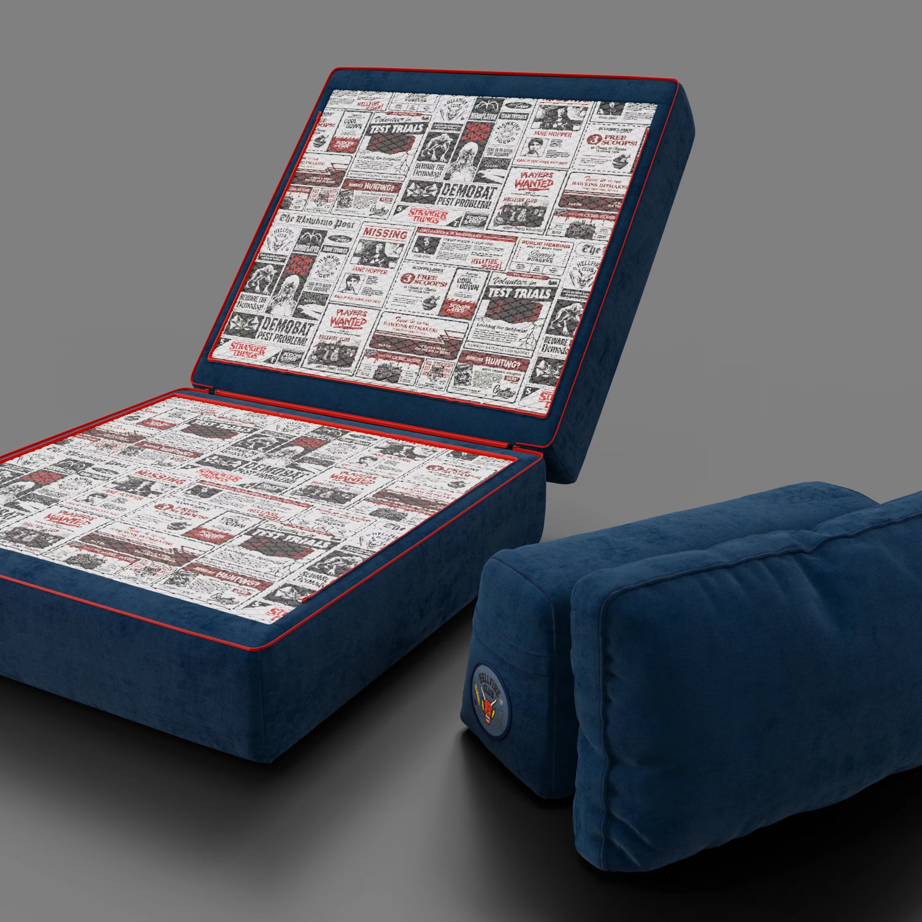 Rift fauteuil-lit Édition STRANGER THINGS avec matelas de 22 cm d'épaisseur et mousse à mémoire de forme - tissu détachable Bleu
