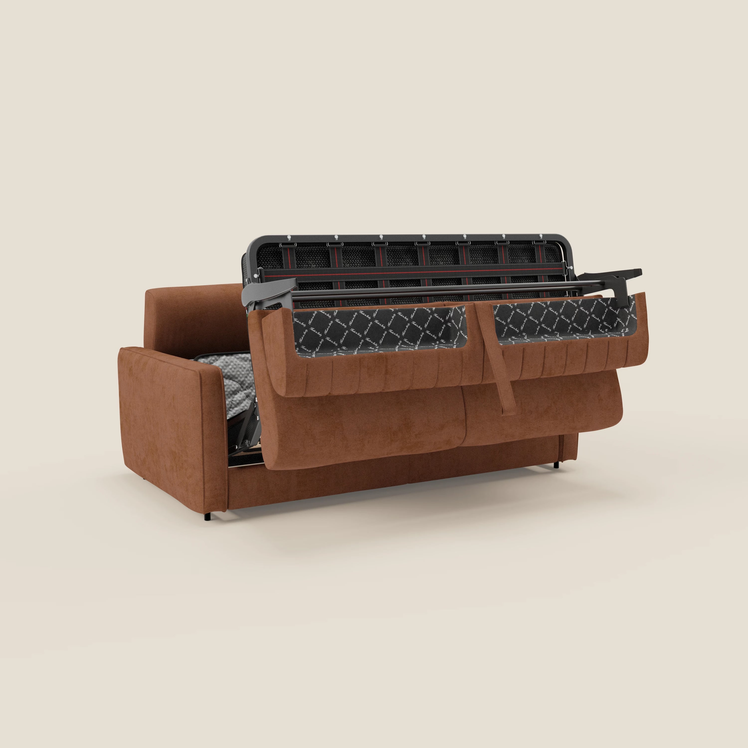 Il divano letto moderno Nivon di Divani.Store, presentato in tessuto arancione bruciato T25, si apre parzialmente per rivelare la struttura in metallo nero e il materasso alto 16 cm. Il design moderno e il poggiatesta regolabile spiccano su uno sfondo semplice.