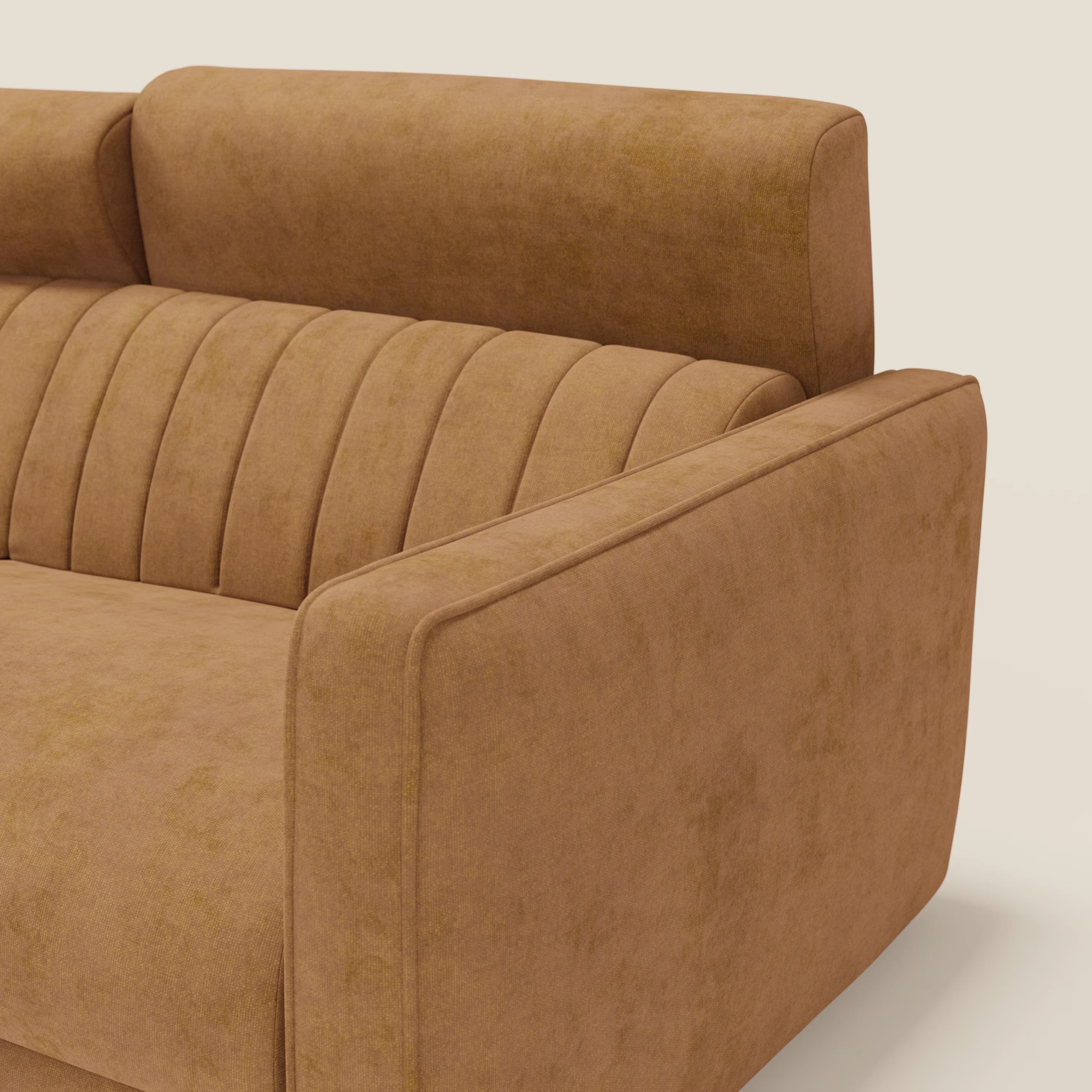 Un primo piano del divano letto moderno Nivon in tessuto impermeabile T25 giallo senape con inserti verticali, braccioli ad angolo, materasso H16 cm e poggiatesta ne evidenzia lo stile contemporaneo e il comfort.