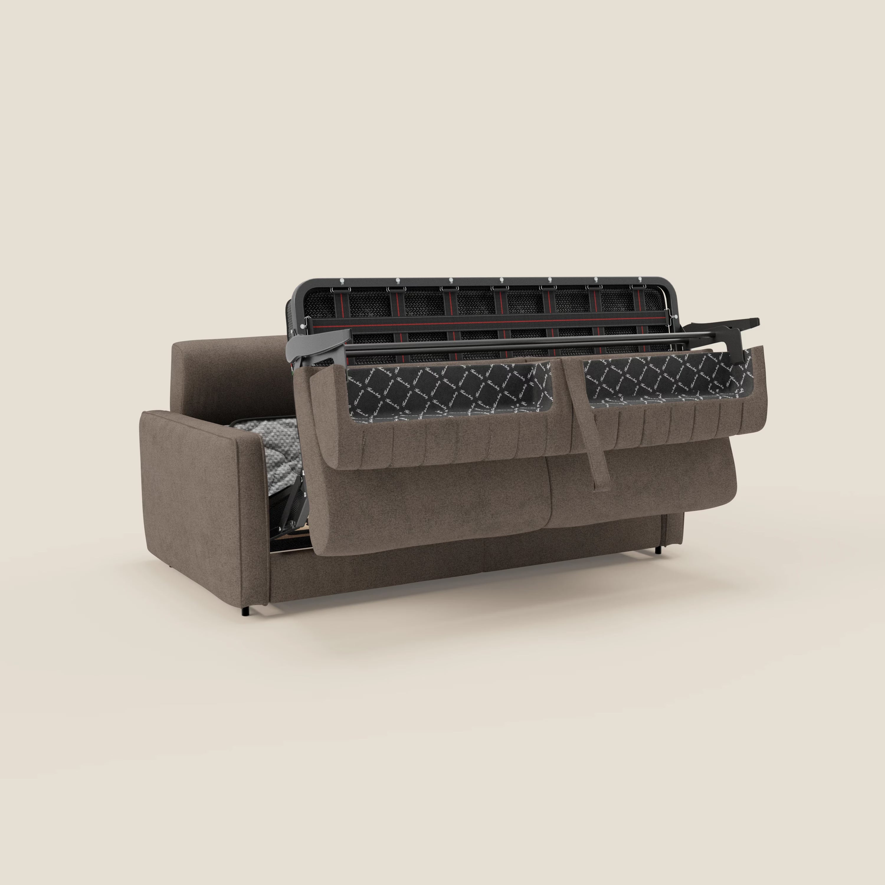 Il divano letto moderno Nivon di Divani.Store, presentato in tessuto impermeabile marrone T25, è caratterizzato da un letto estraibile parzialmente allungato con materasso H16 cm a rombi e struttura in metallo. Lo sfondo è in tinta unita beige chiaro.