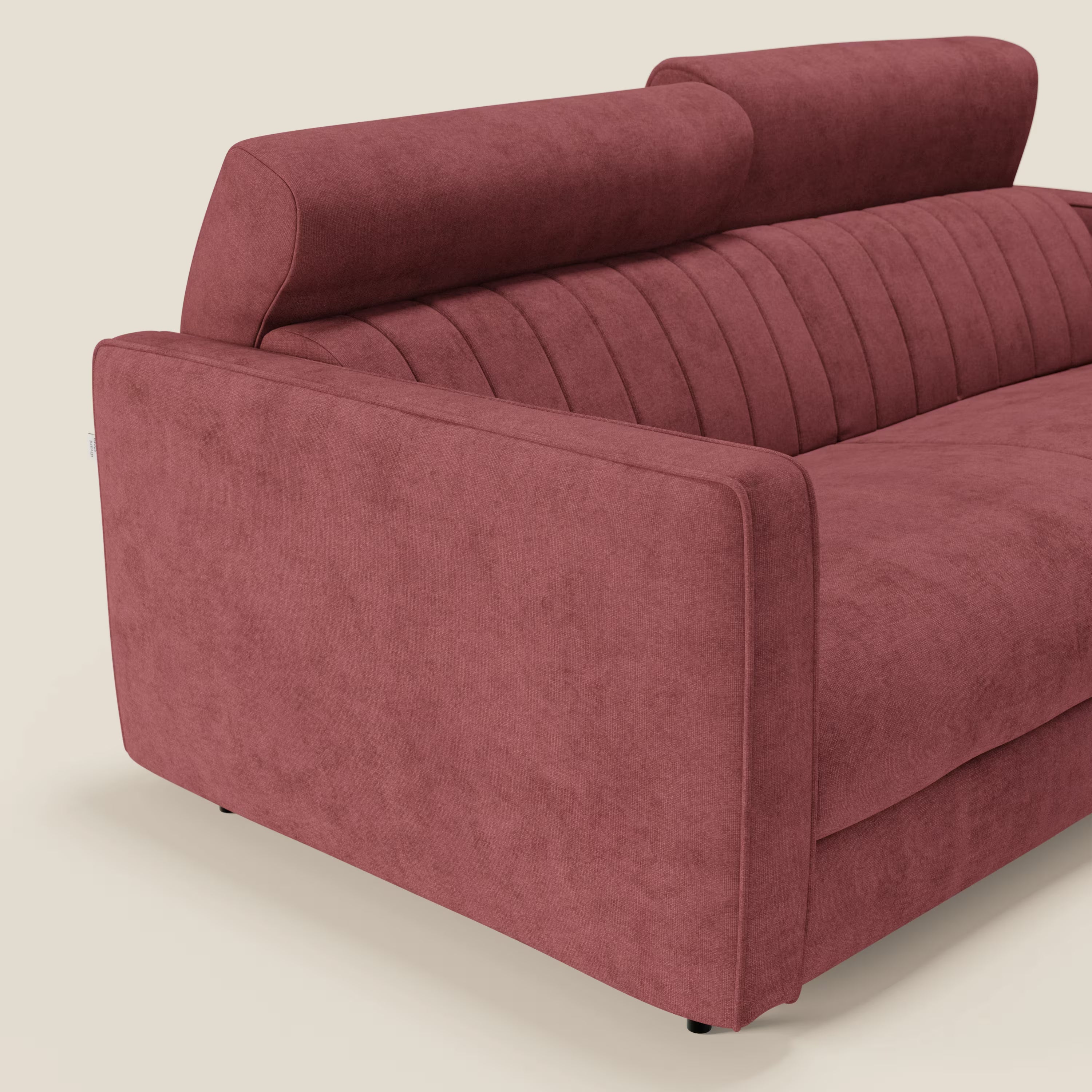 Il Nivon Divano letto moderno di Divani.Store è caratterizzato da tessuto impermeabile T25 rosso, schienale alto e angolato con poggiatesta arrotondato, ampi braccioli, materasso H16 cm e discreti piedini neri per un comfort e uno stile eccezionali.