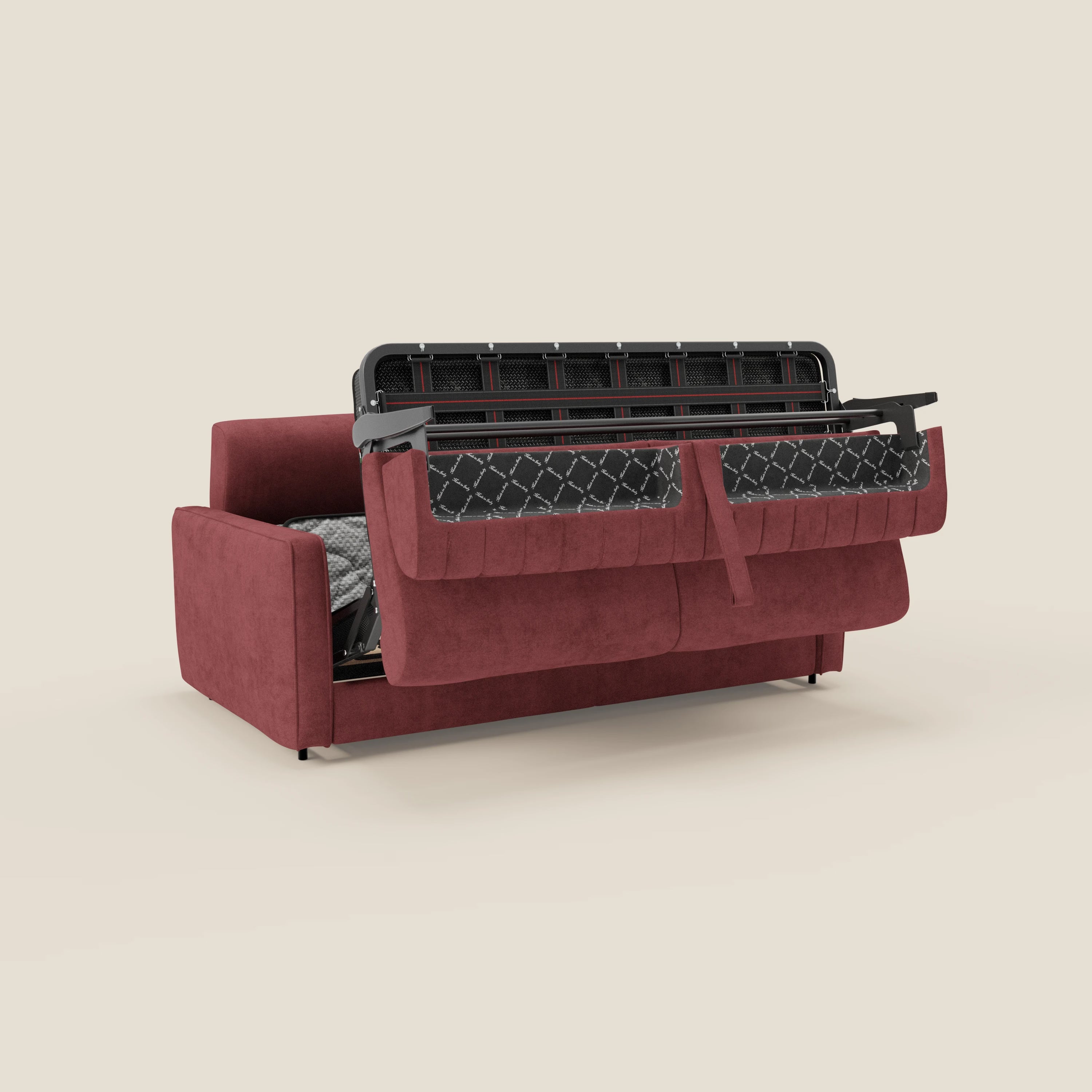 Il divano letto moderno Nivon di Divani.Store, in tessuto impermeabile rosso T25 con poggiatesta e materasso H16 cm, è caratterizzato da una struttura metallica estraibile, da un vano contenitore sotto il pannello frontale e da uno sfondo in tinta unita beige chiaro.