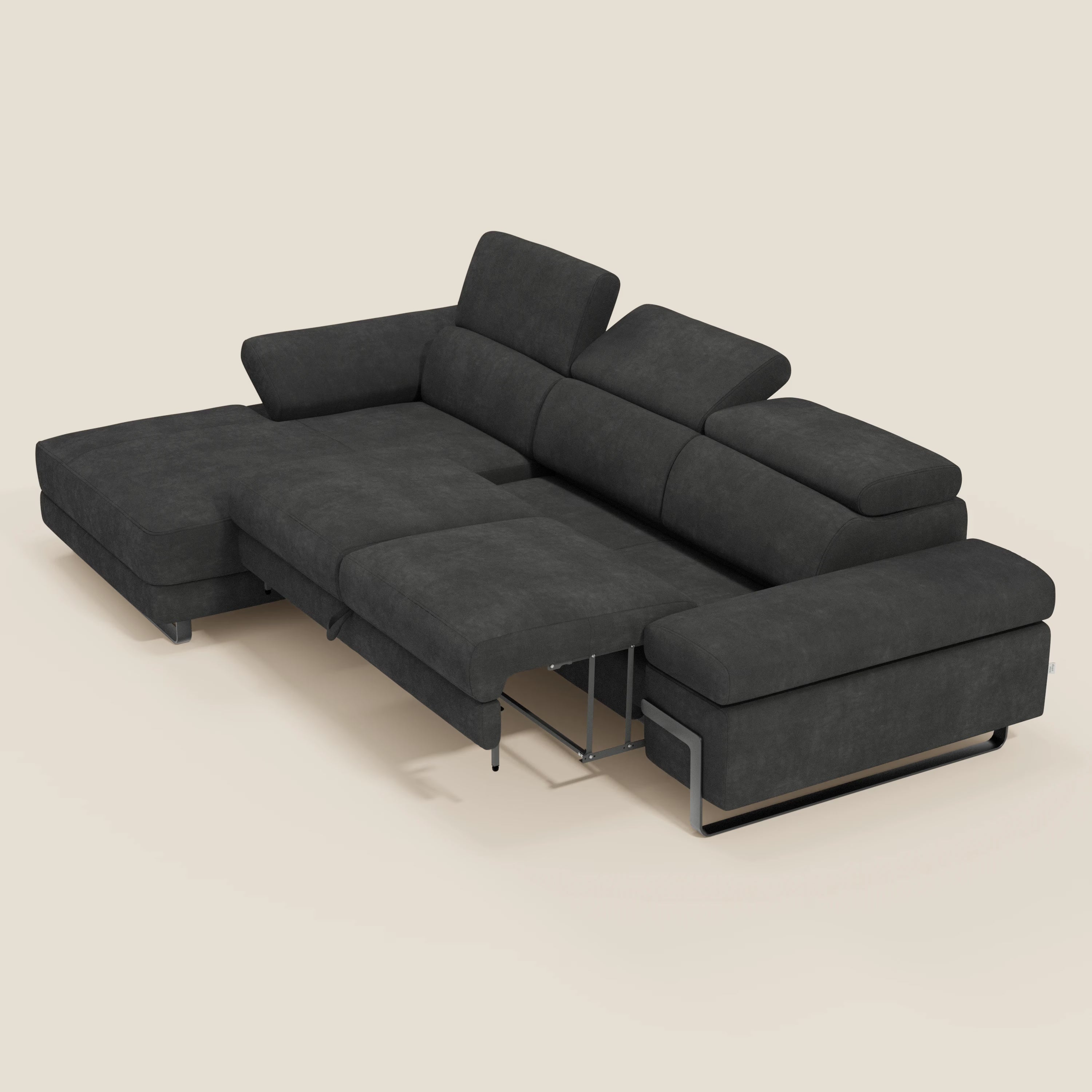 Zayana Canapé d'angle extractible - accoudoirs et têtières réglables en tissu imperméable T02 noir