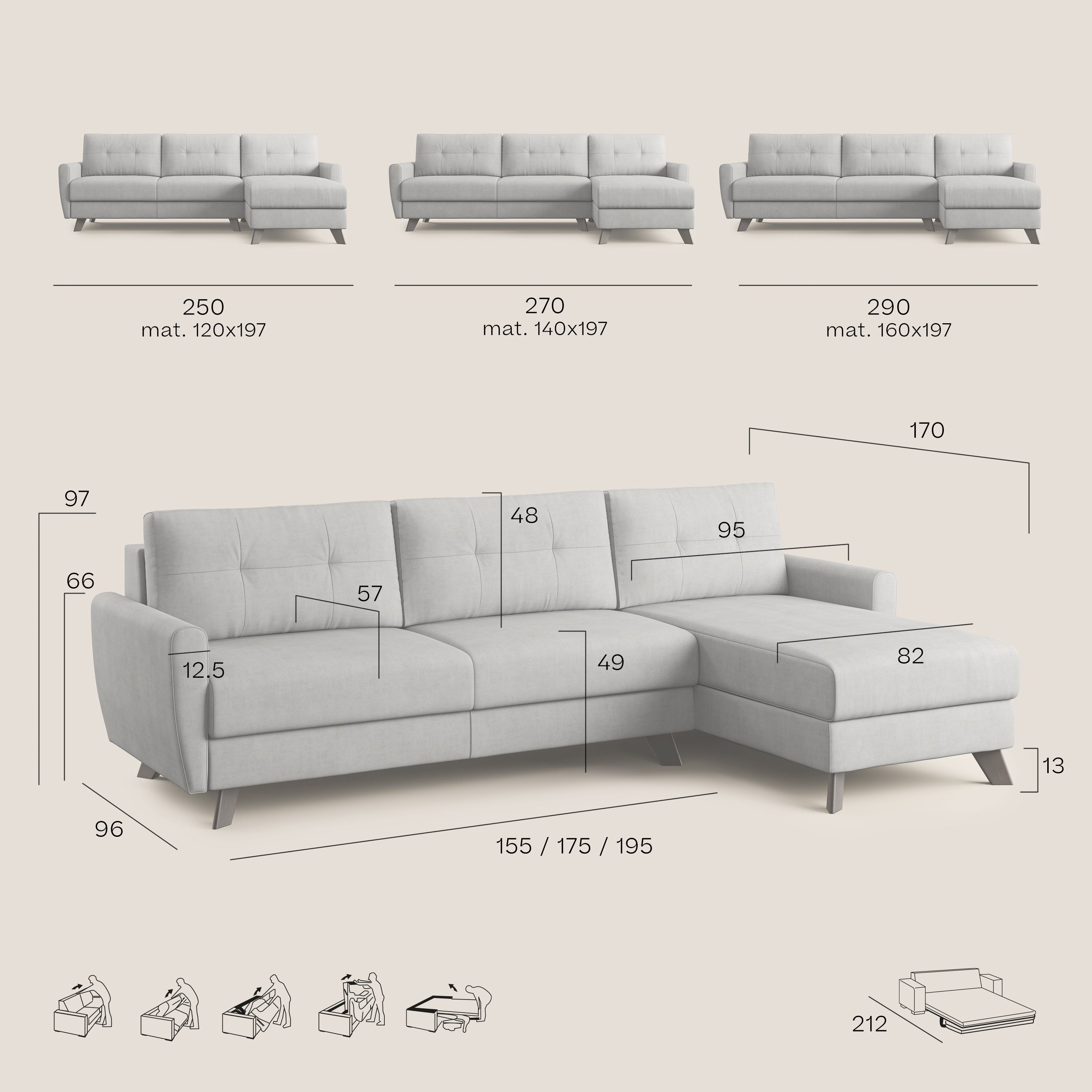 Callisto Divano letto angolare con penisola in tessuto morbido impermeabile T02 grigio chiaro - divani.store