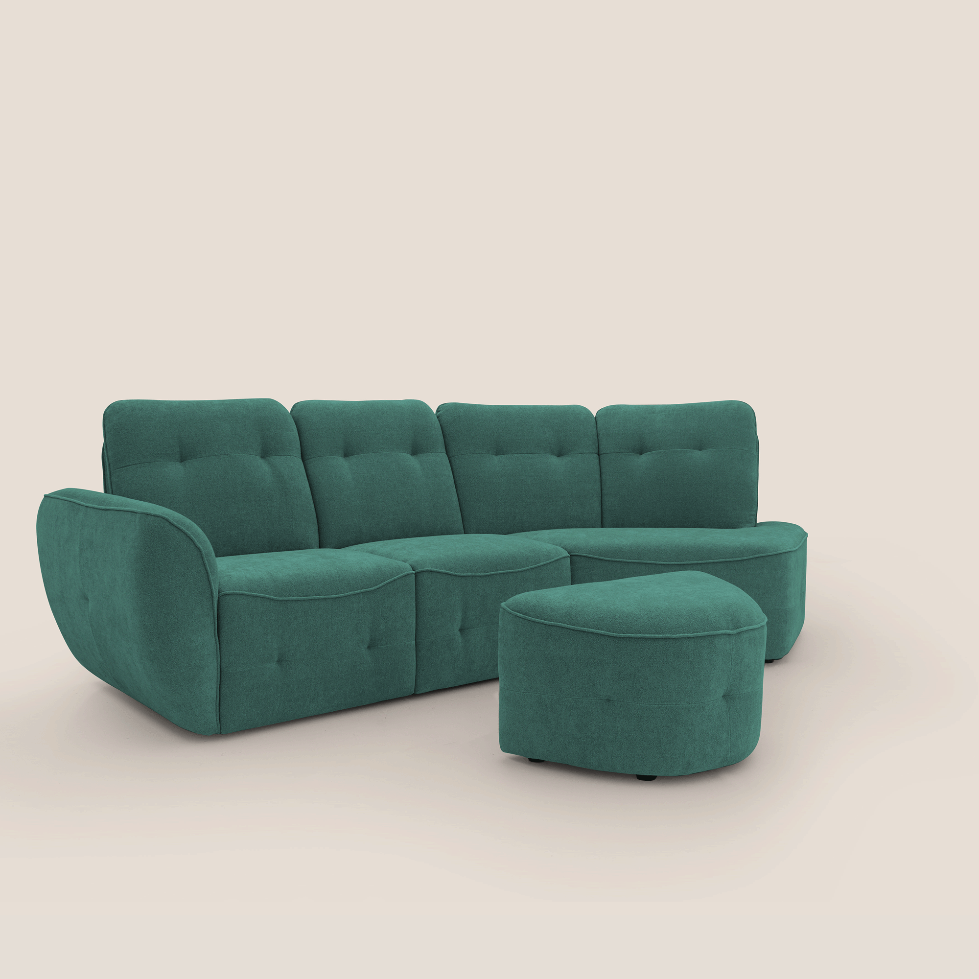 Cerbero divano angolare con pouf mobile in morbido bouclé impermeabile T07 verde - divani.store
