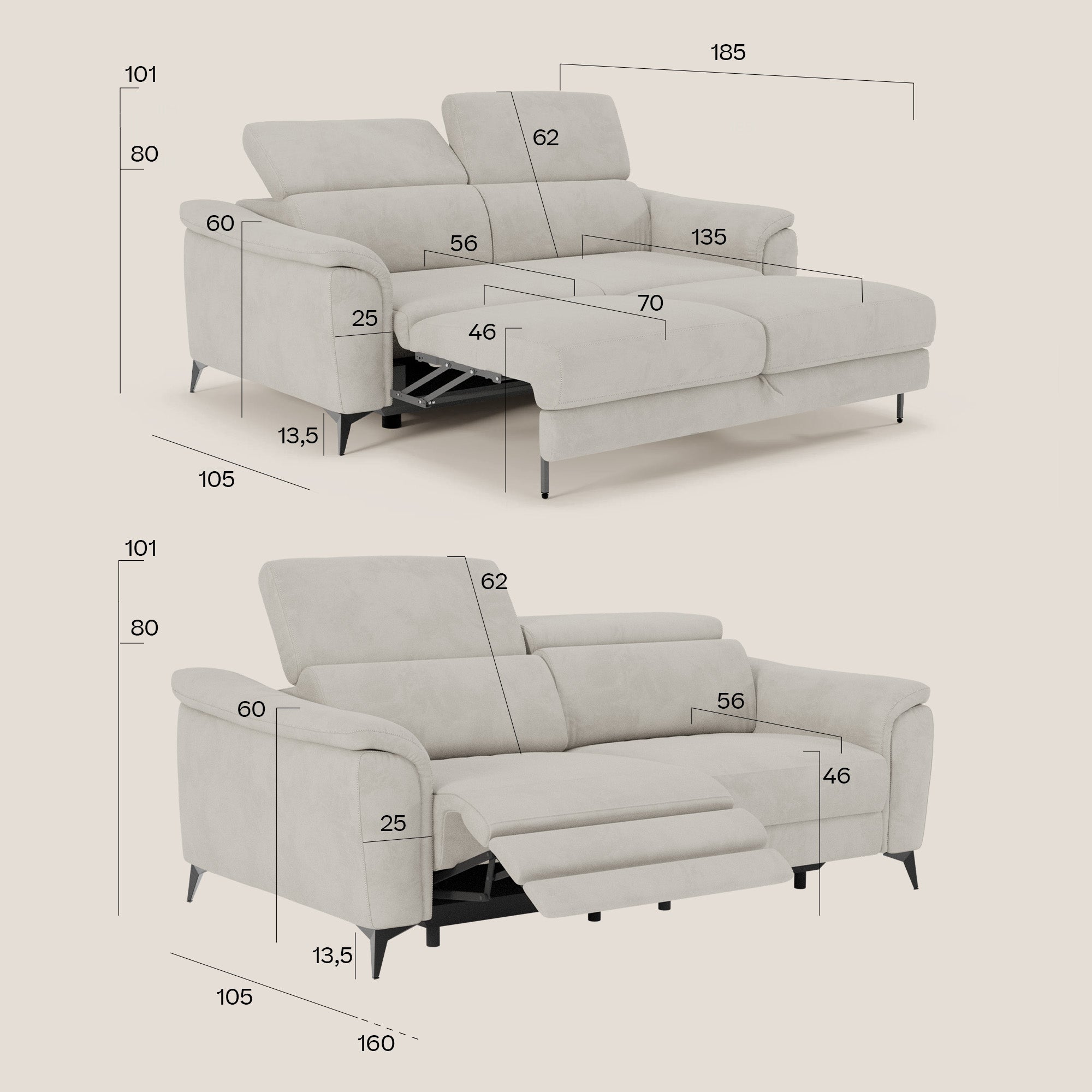 Arcos Canapé 3 places - pieds hauts et têtières inclinables en microfibre imperméable T11 bleu pastel