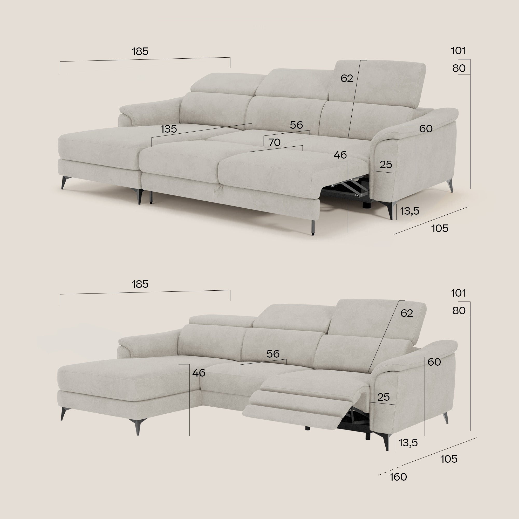 Due viste di Arcos Divano con penisola di Divani.Store in microfibra T11 petrolio, con gambe alte e poggiatesta reclinabili. Entrambe le immagini mostrano linee e numeri neri che indicano lunghezza, larghezza, altezza e profondità della seduta in centimetri.