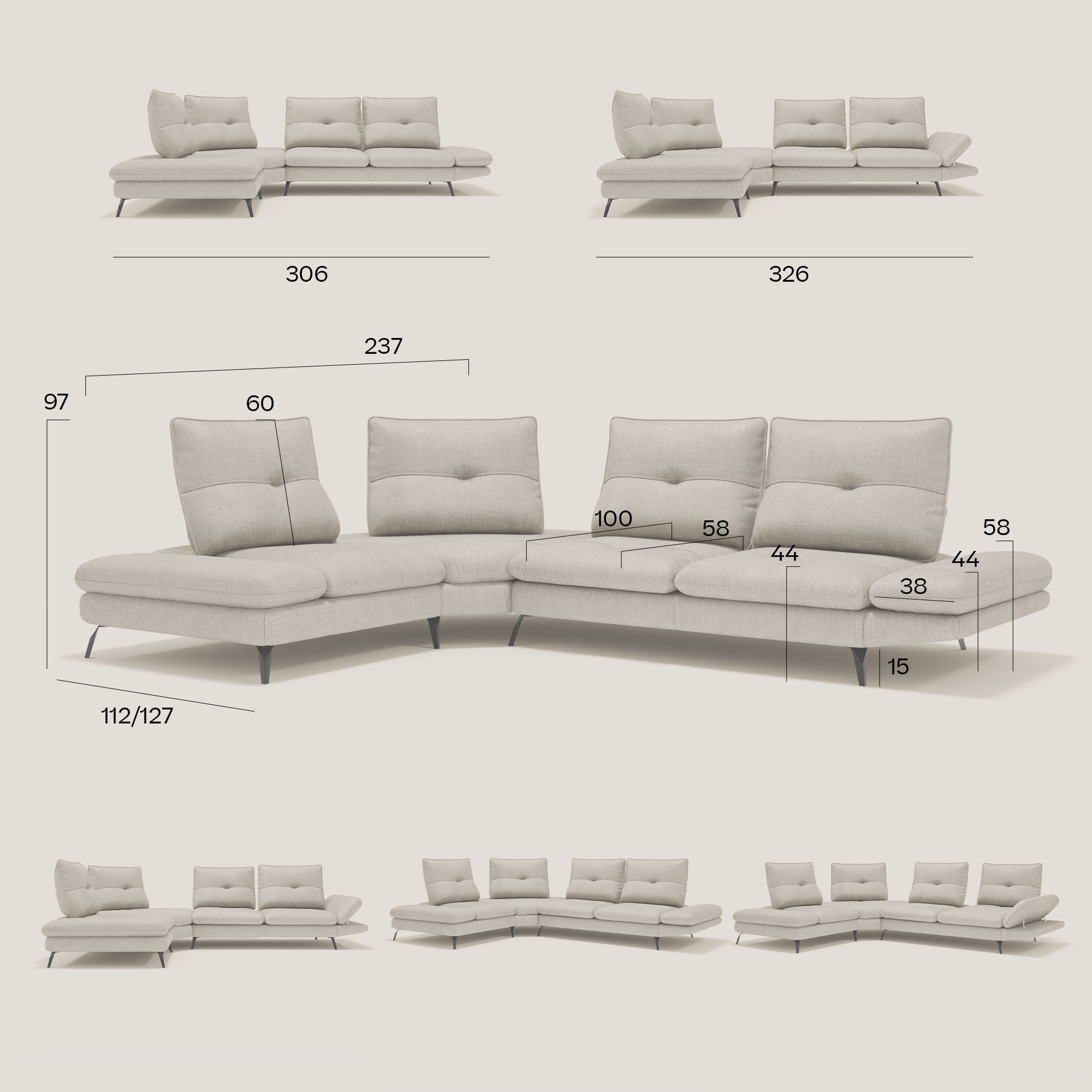 Ardex Canapé d'angle - dossiers coulissants et accoudoirs réglables en élégant tissu imperméable T06 jaune