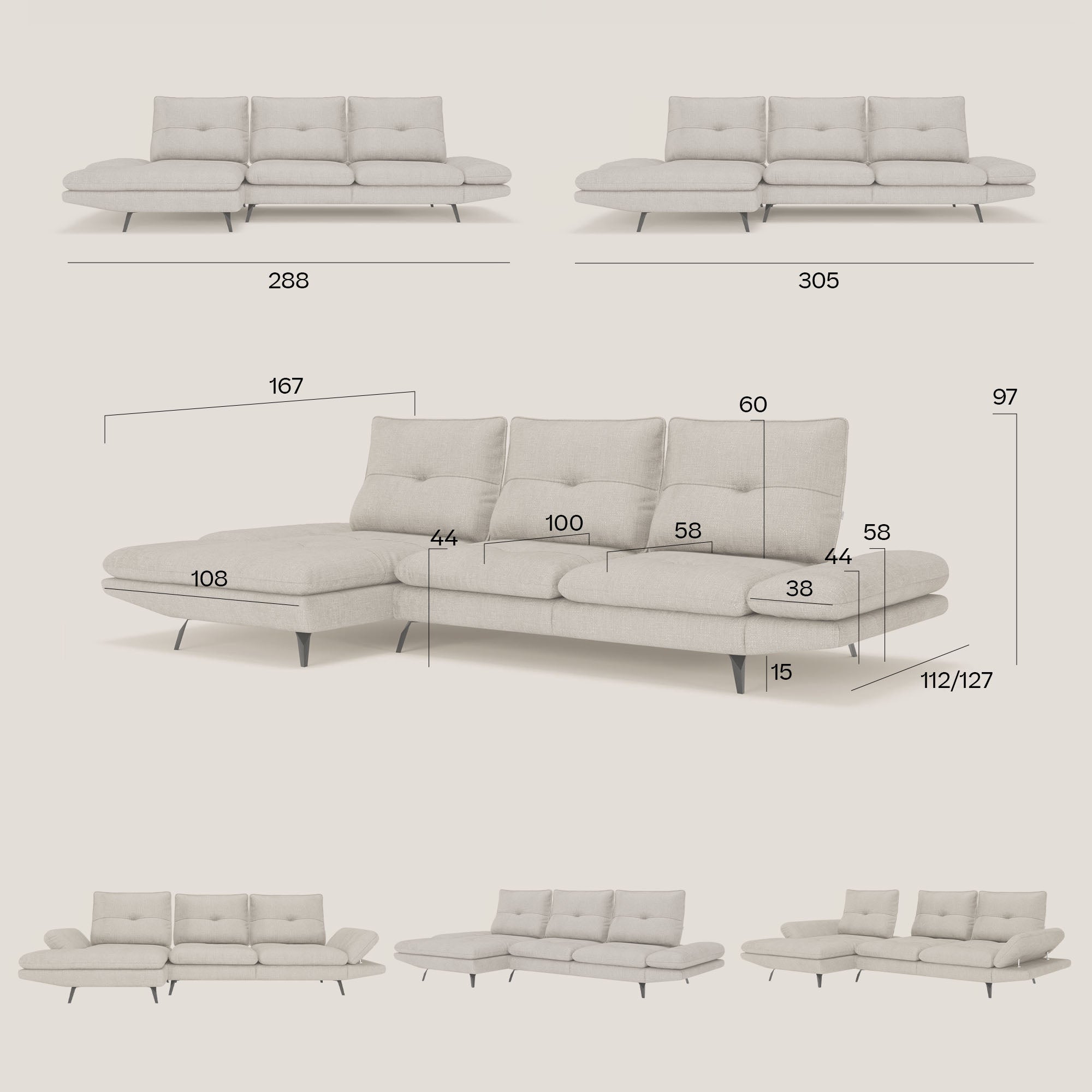 Ardex Canapé avec méridienne - dossiers coulissants et accoudoirs réglables en élégant tissu imperméable T06 jaune