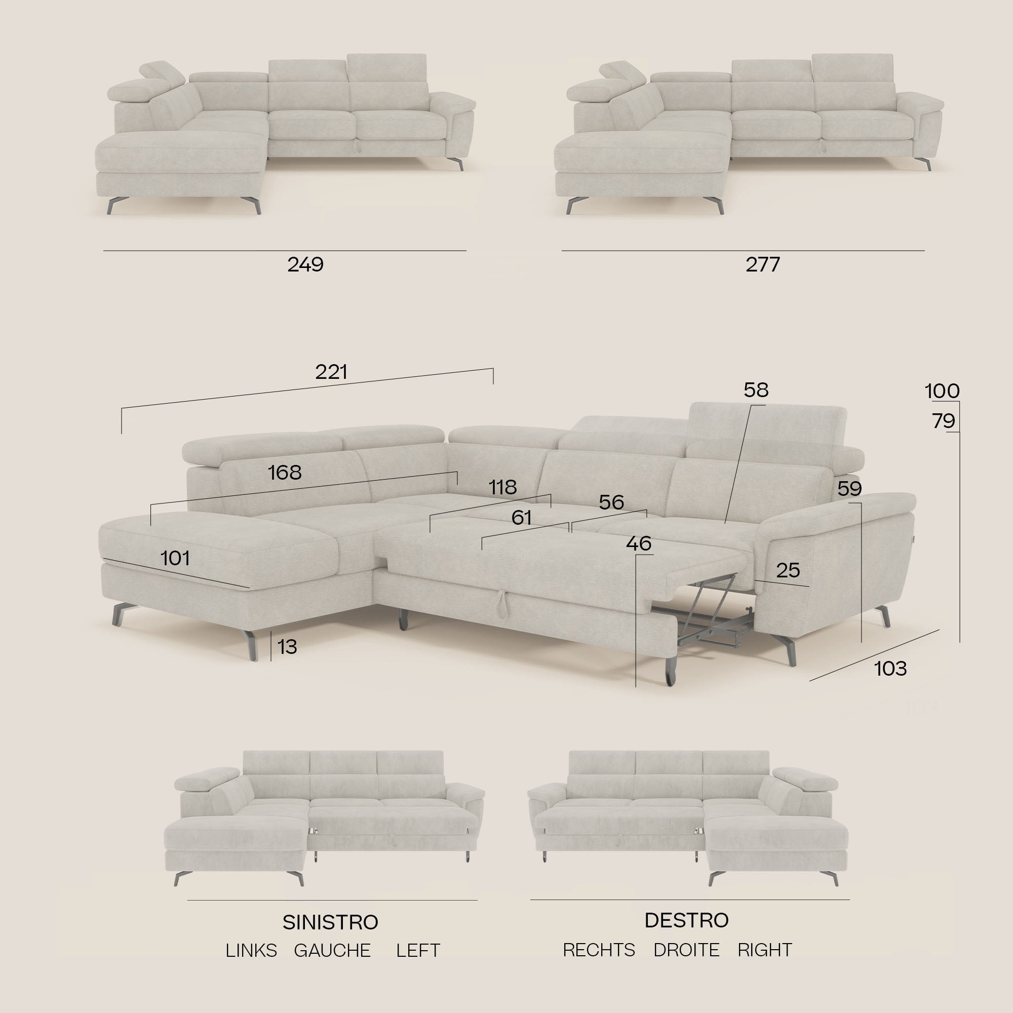 Il divano angolare estraibile Estro di Divani.Store, in tessuto impermeabile giallo T14 con poggiatesta reclinabili e gambe in metallo, mostra le misure dettagliate in cm per le versioni chaise sinistra (sinistro) e destra (destro) con etichette chiare.