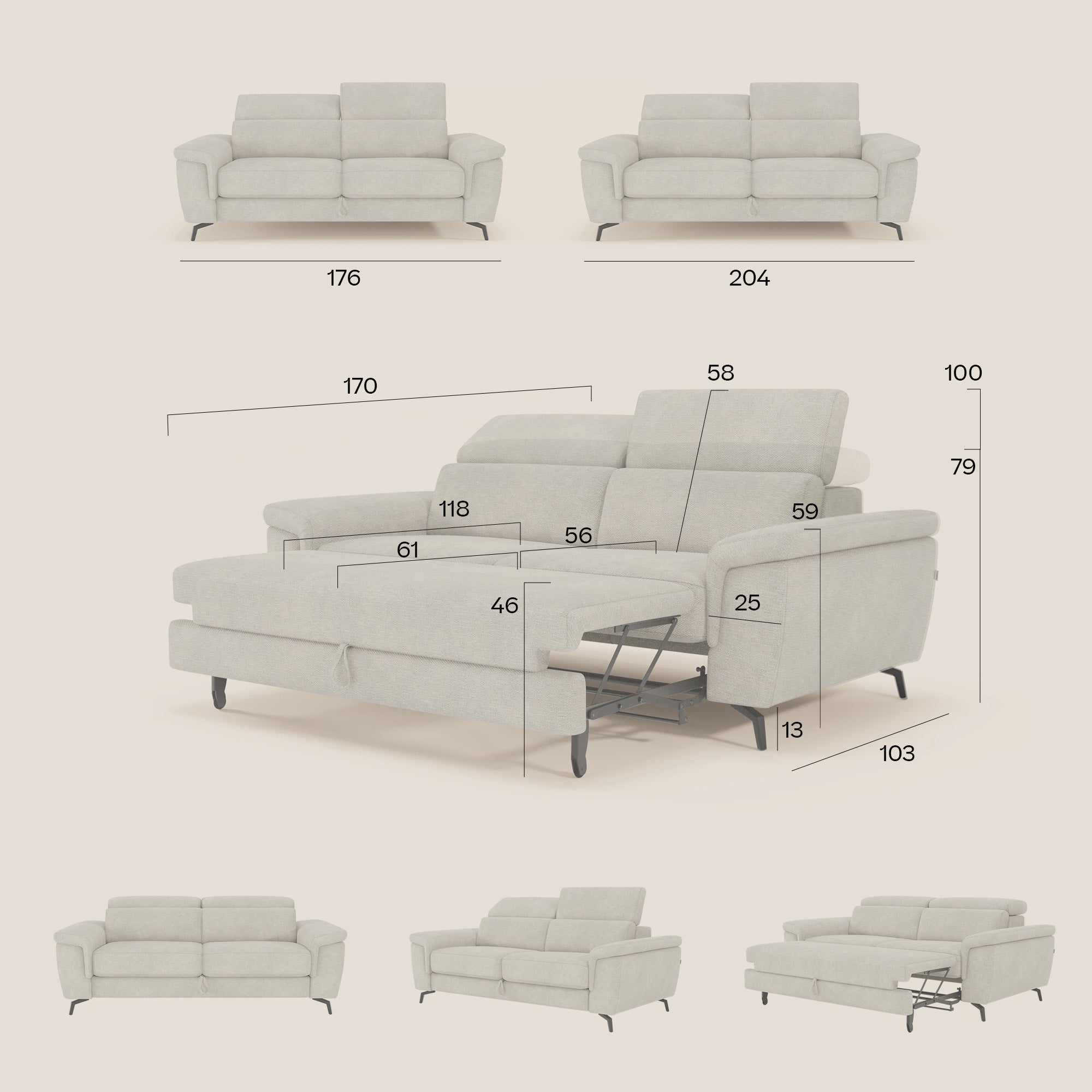 Estro Canapé 3 places avec pouf extractible - têtières inclinables en tissu imperméable T14