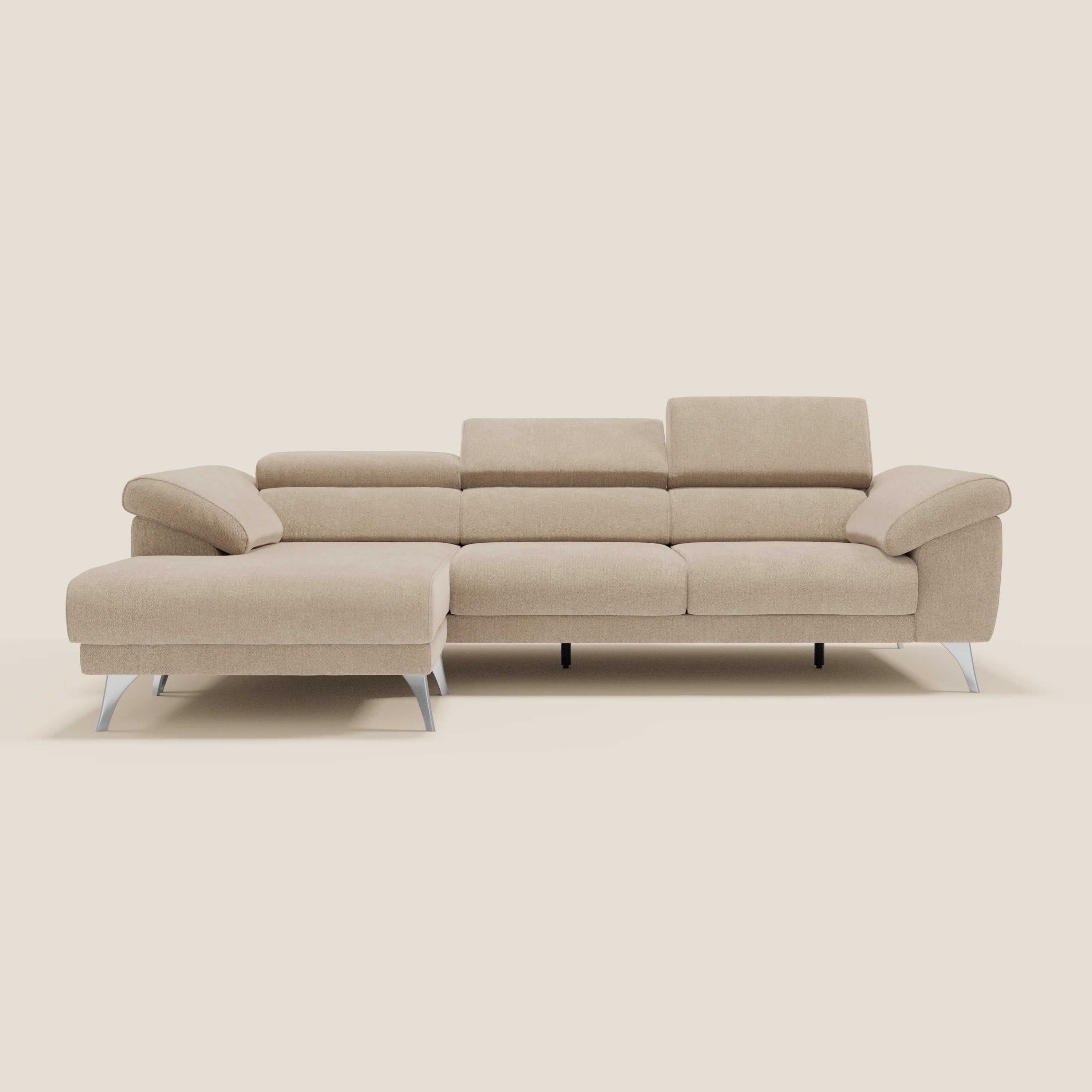 Donatello Canapé d'angle avec assises extensibles accoudoirs avec coffre et têtières en tissu détachable T23 beige