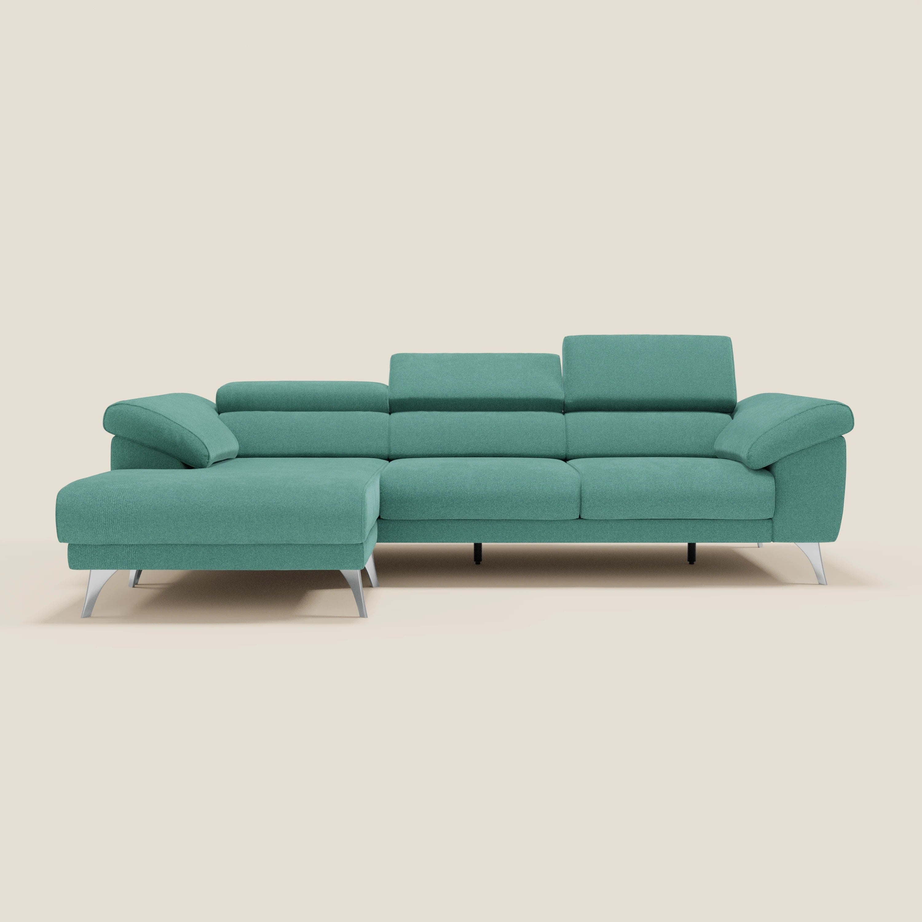 Donatello Canapé d'angle avec assises extensibles accoudoirs avec coffre et têtières en tissu détachable T23 vert aquamarine