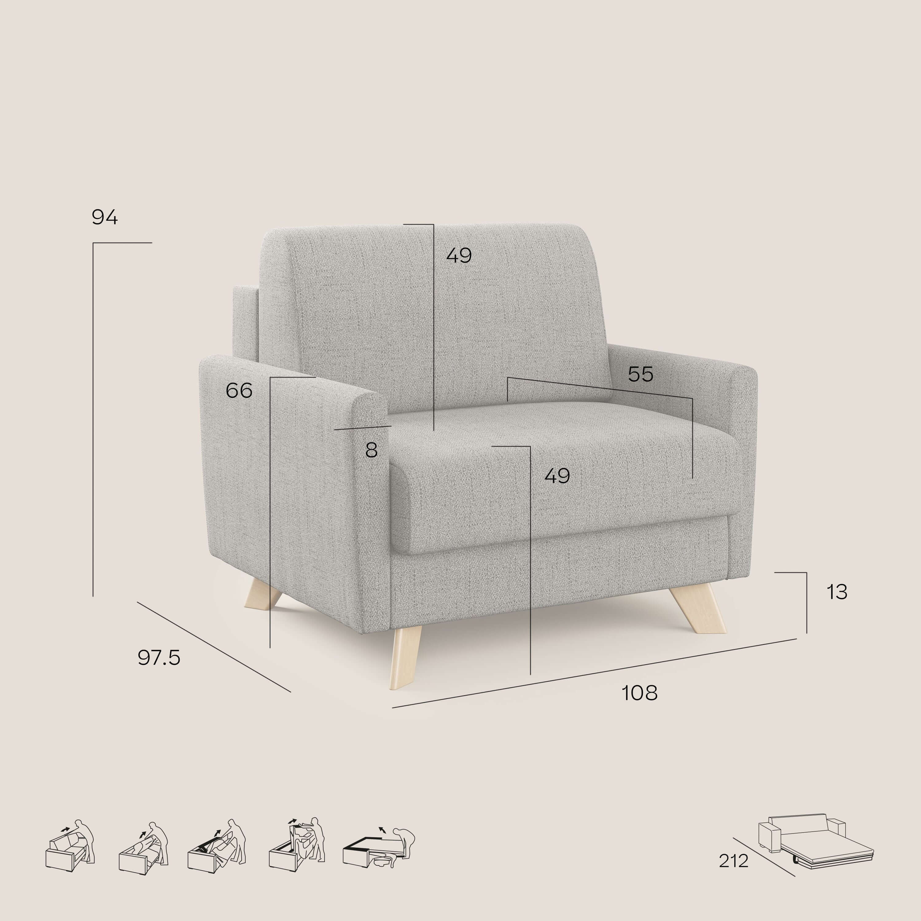 Edgar poltrona letto in tessuto felis impermeabile T03 grigio - divani.store