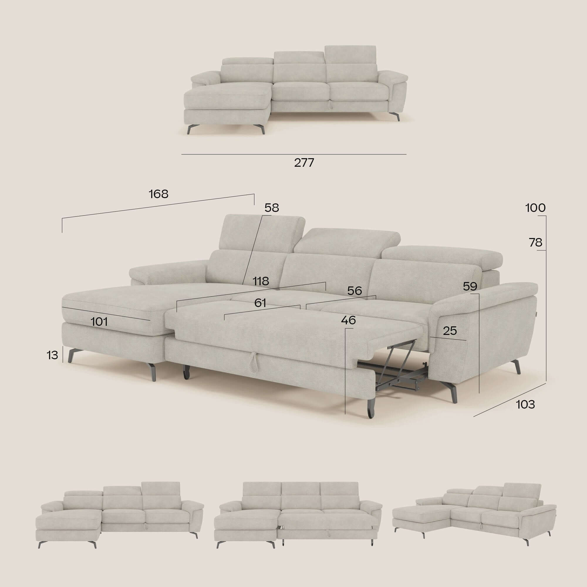 Estro Canapé extractible et chaise longue - têtières inclinables en tissu imperméable 277 cm GAUCHE T14 bleu pastel