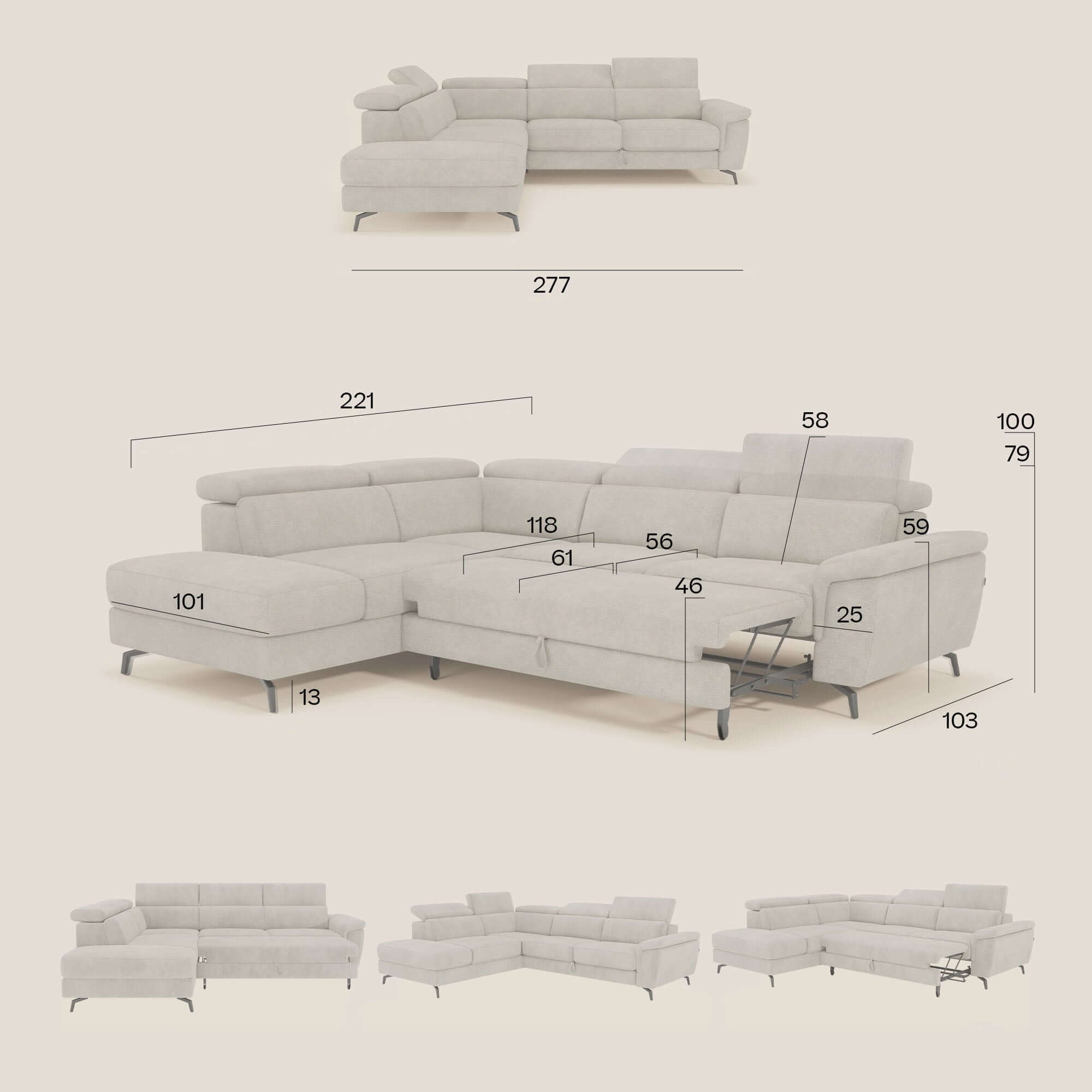 Estro Canapé d'angle extractible - têtières inclinables en tissu imperméable T14 taupe