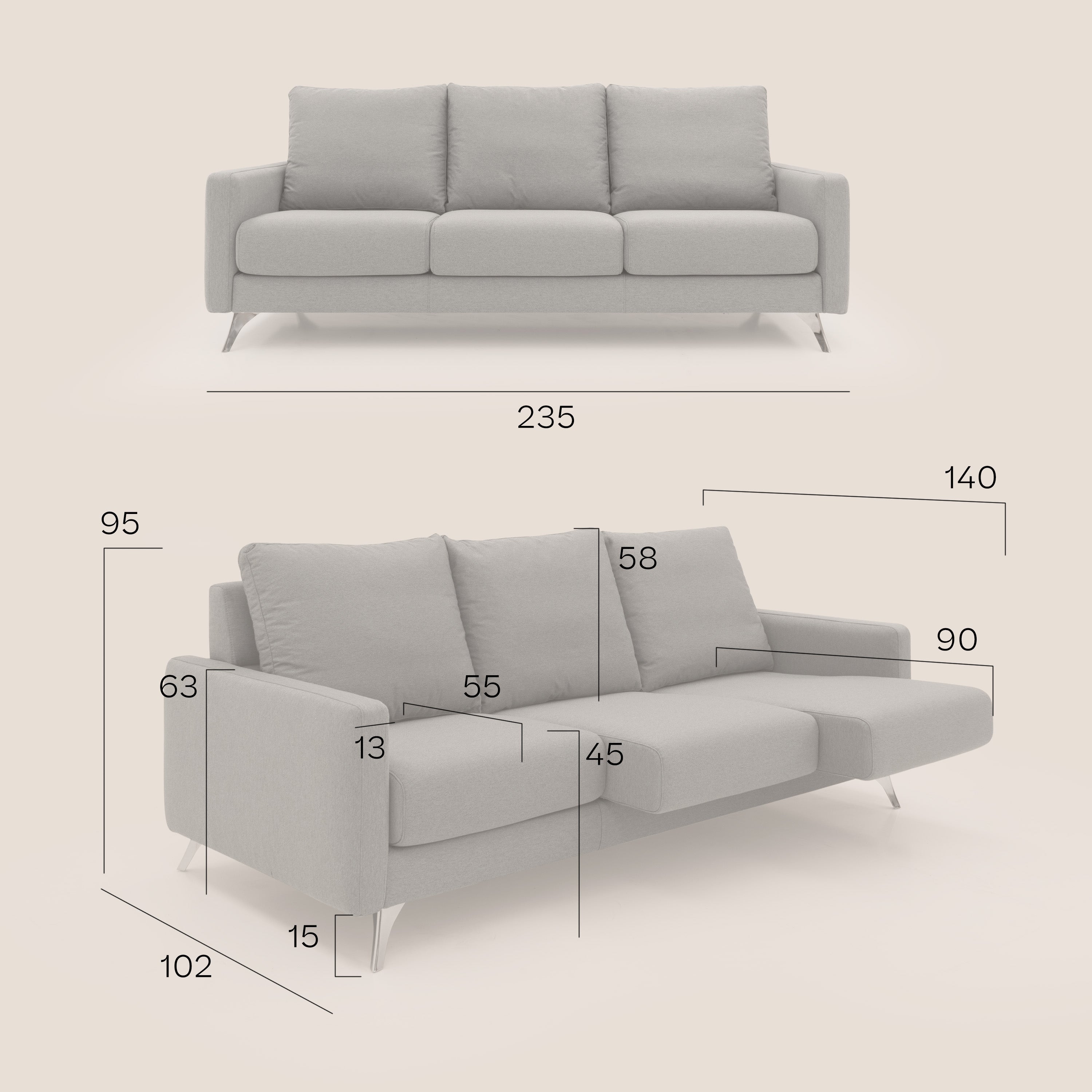 Klimt divano con 3 sedute allungabili e schienali in piuma d'oca in tessuto smacchiabile T05 grigio - divani.store
