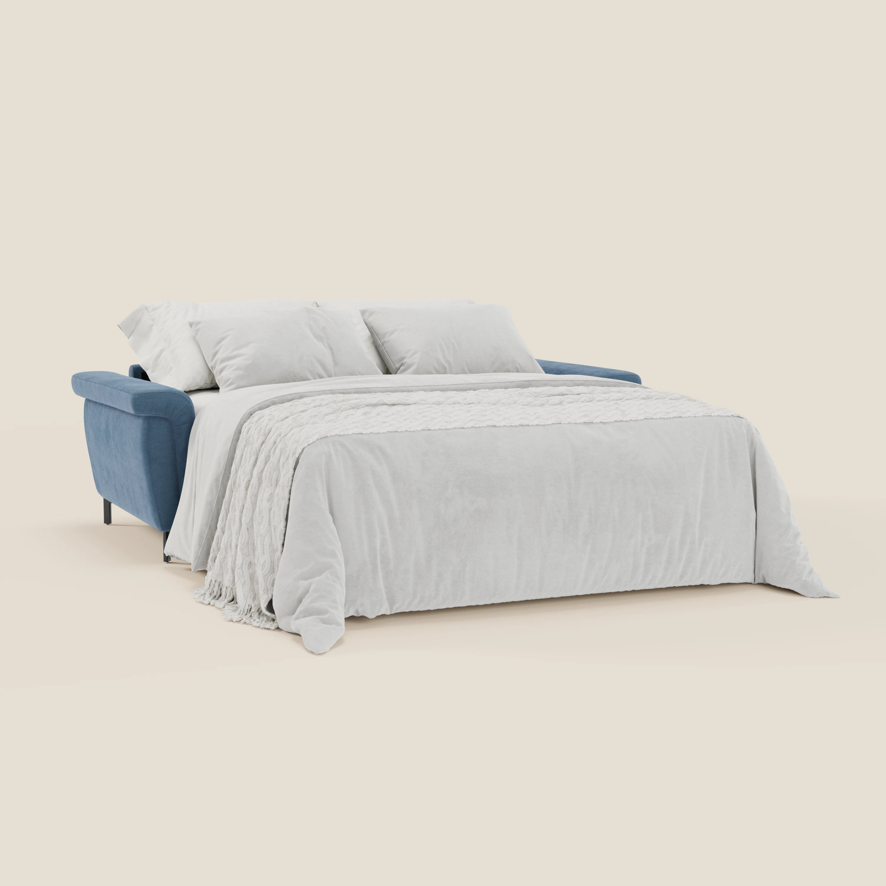 Capri divano letto di design con piedini alti - poggiatesta reclinabili in raffinato tessuto effetto velluto smacchiabile T30 - divani.store