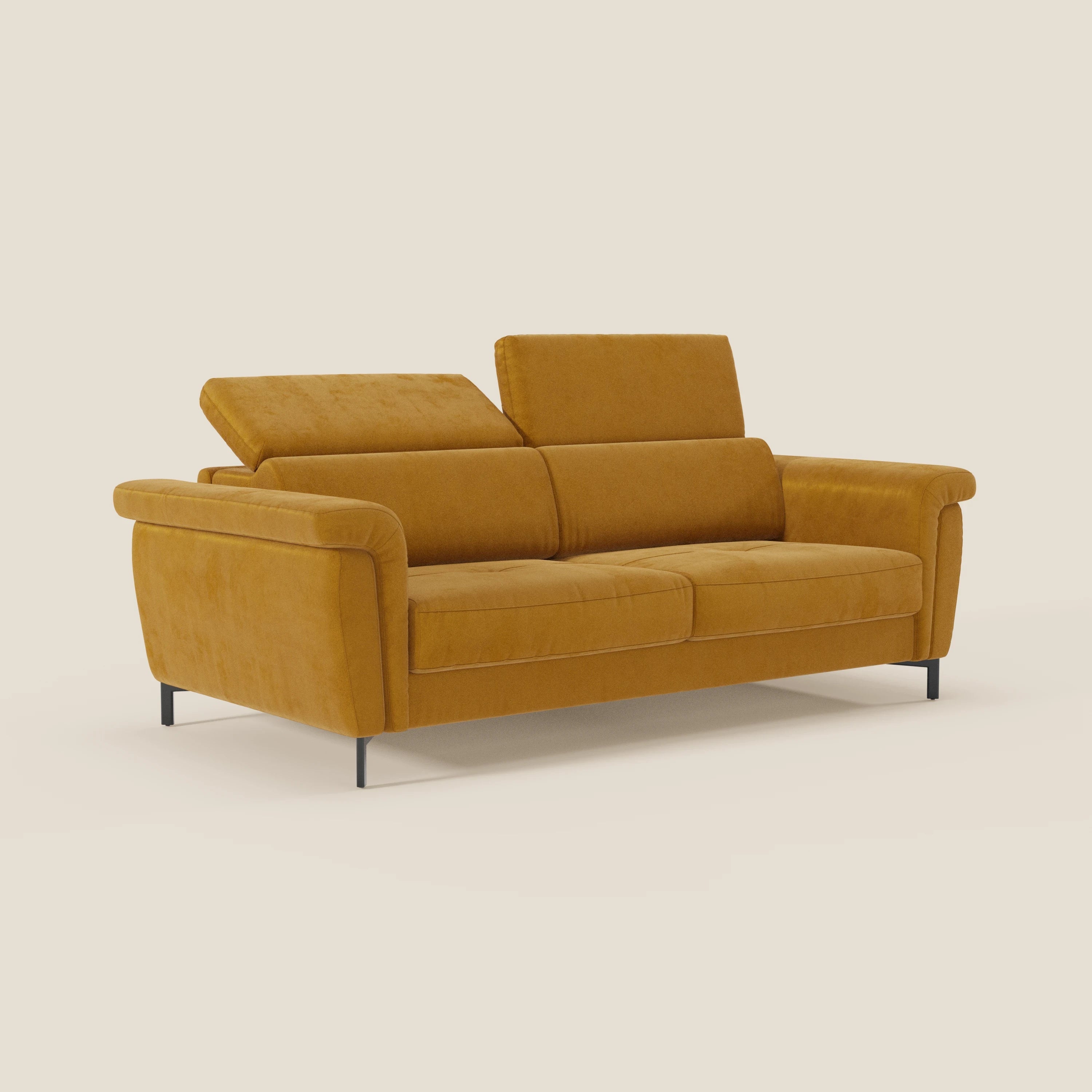 Capri divano letto di design con piedini alti - poggiatesta reclinabili in raffinato tessuto effetto velluto smacchiabile T30 - divani.store