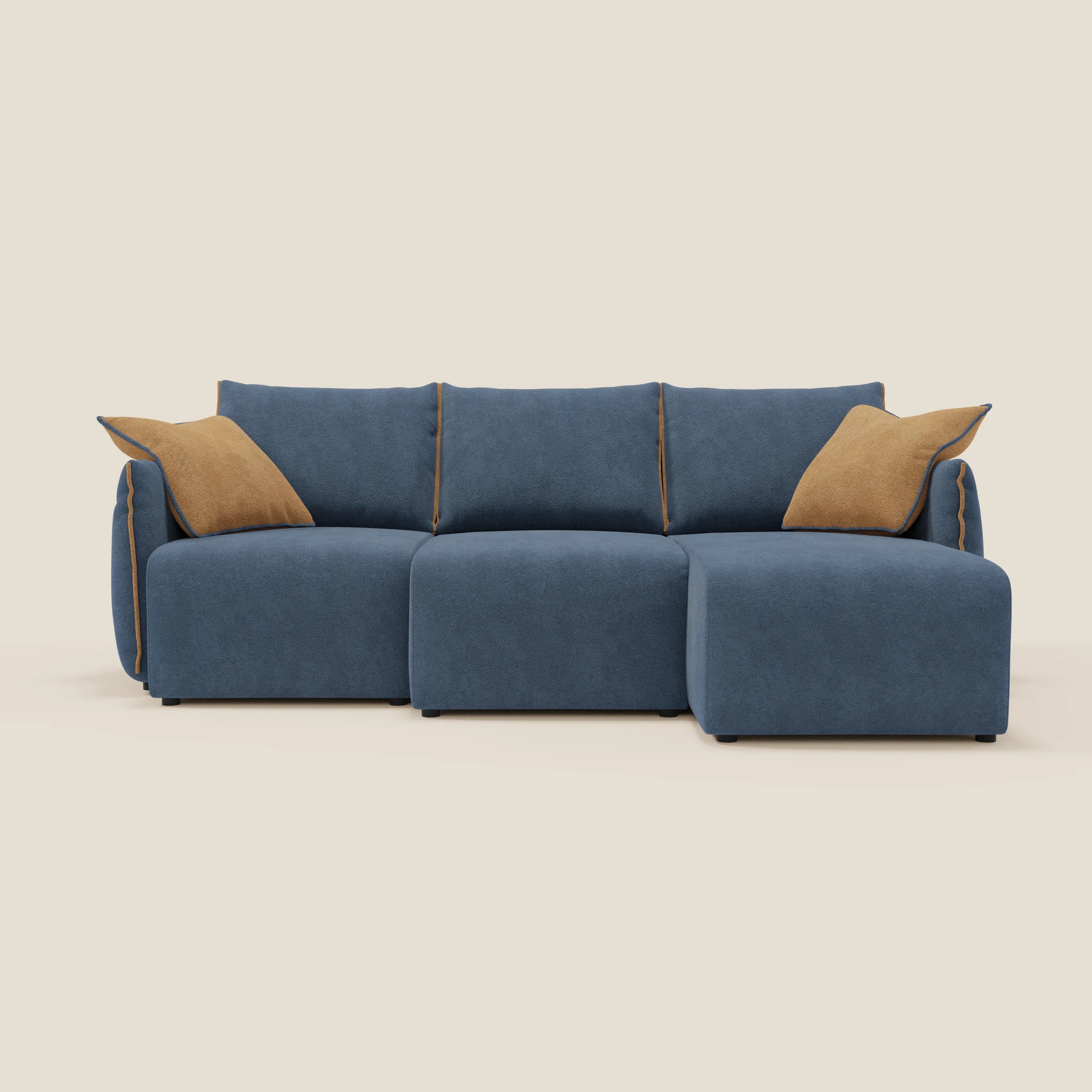 Il Flexar Divano angolare reversibile di Divani.Store in morbido bouclé impermeabile T07 blu-arancio è dotato di sedute allungabili, tre cuscini di seduta e di schienale, due cuscini tan, un design moderno e squadrato con cuciture impunturate e offre una flessibilità modulare.
