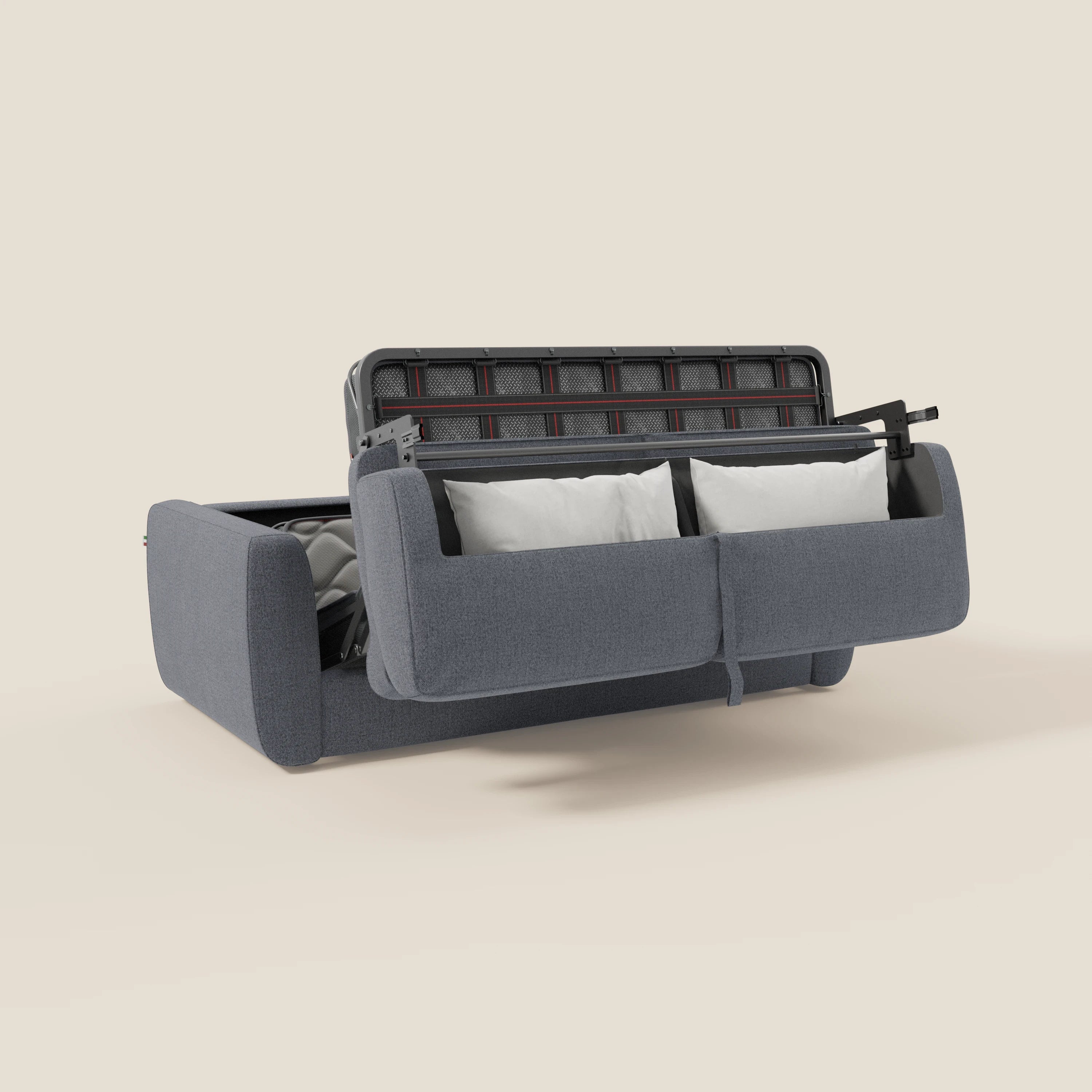 Leonida canapé convertible déhoussable et matelas H 18 cm - coffre à oreiller en tissu détachable T23 bleu graphite