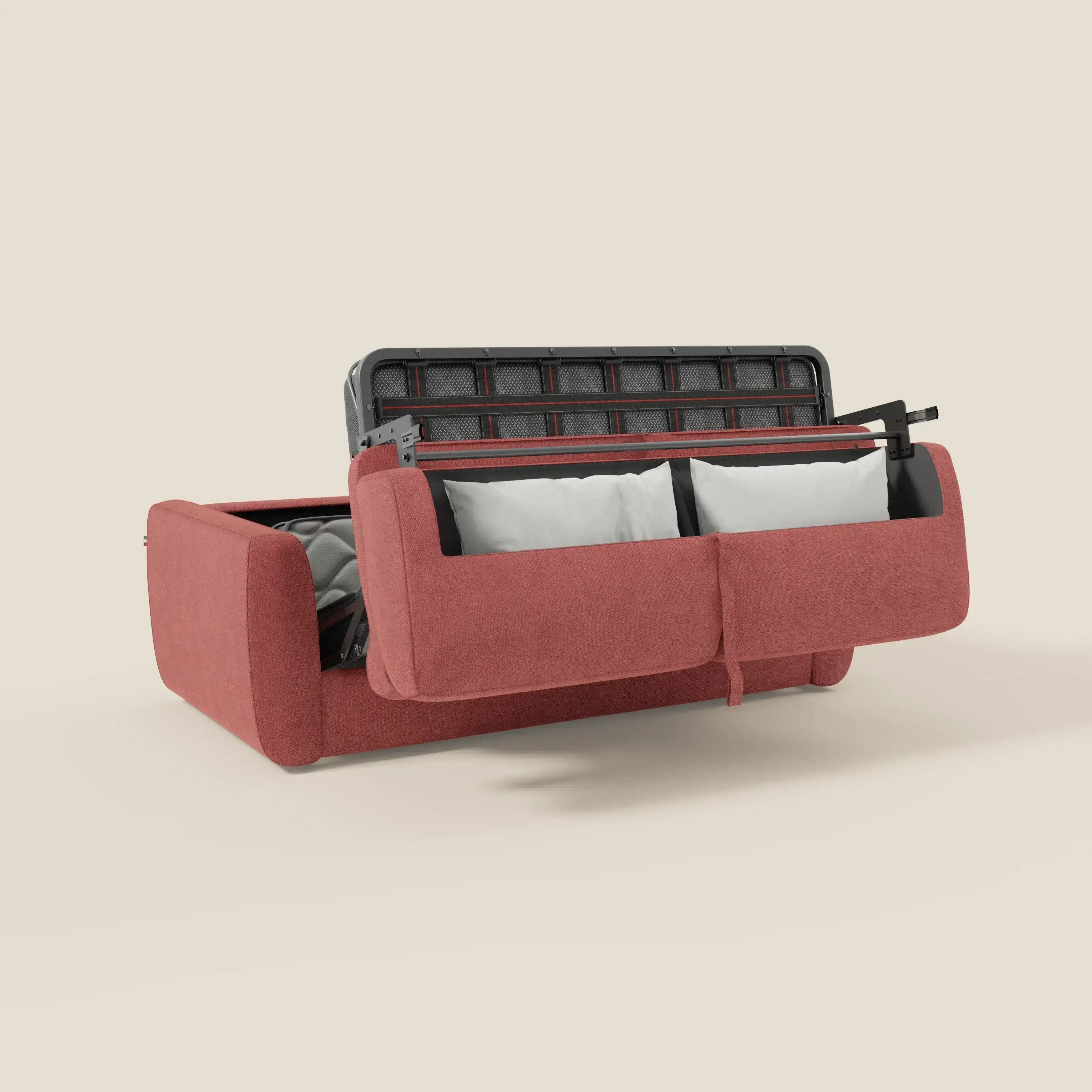Leonida canapé convertible déhoussable et matelas H 18 cm - coffre à oreiller en tissu détachable T23 rouge