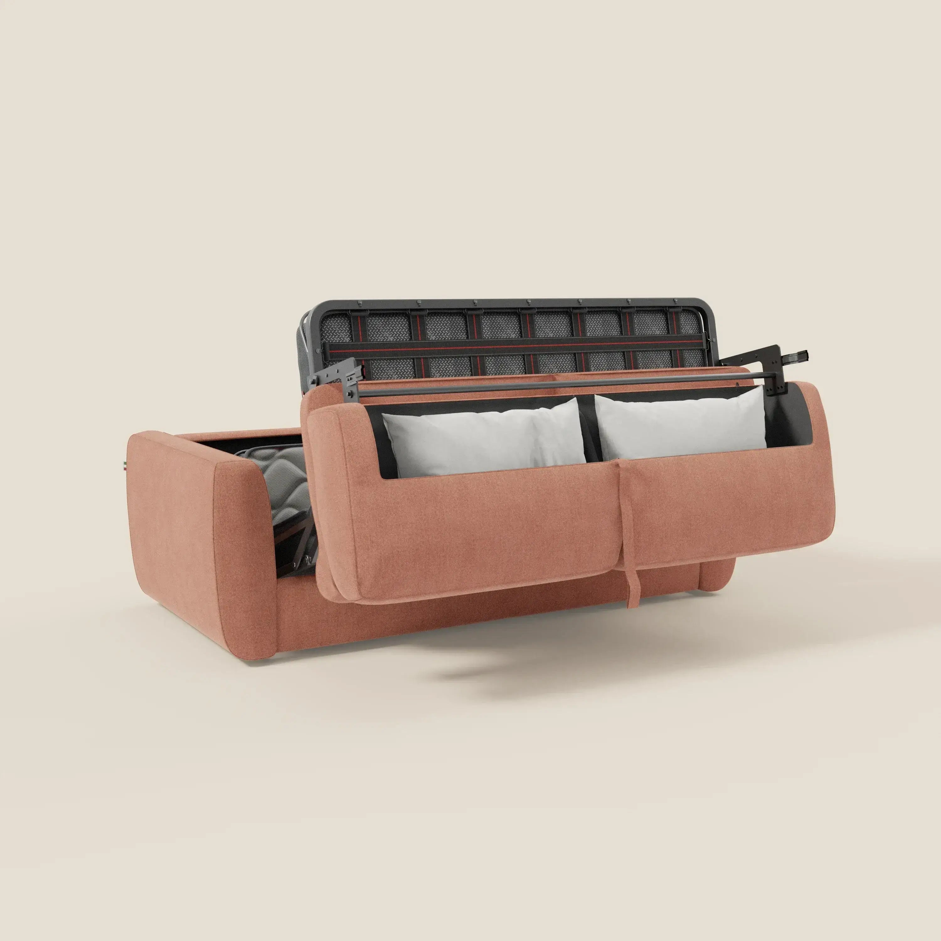 Leonida canapé convertible déhoussable et matelas H 18 cm - coffre à oreiller en tissu détachable T23 pêche