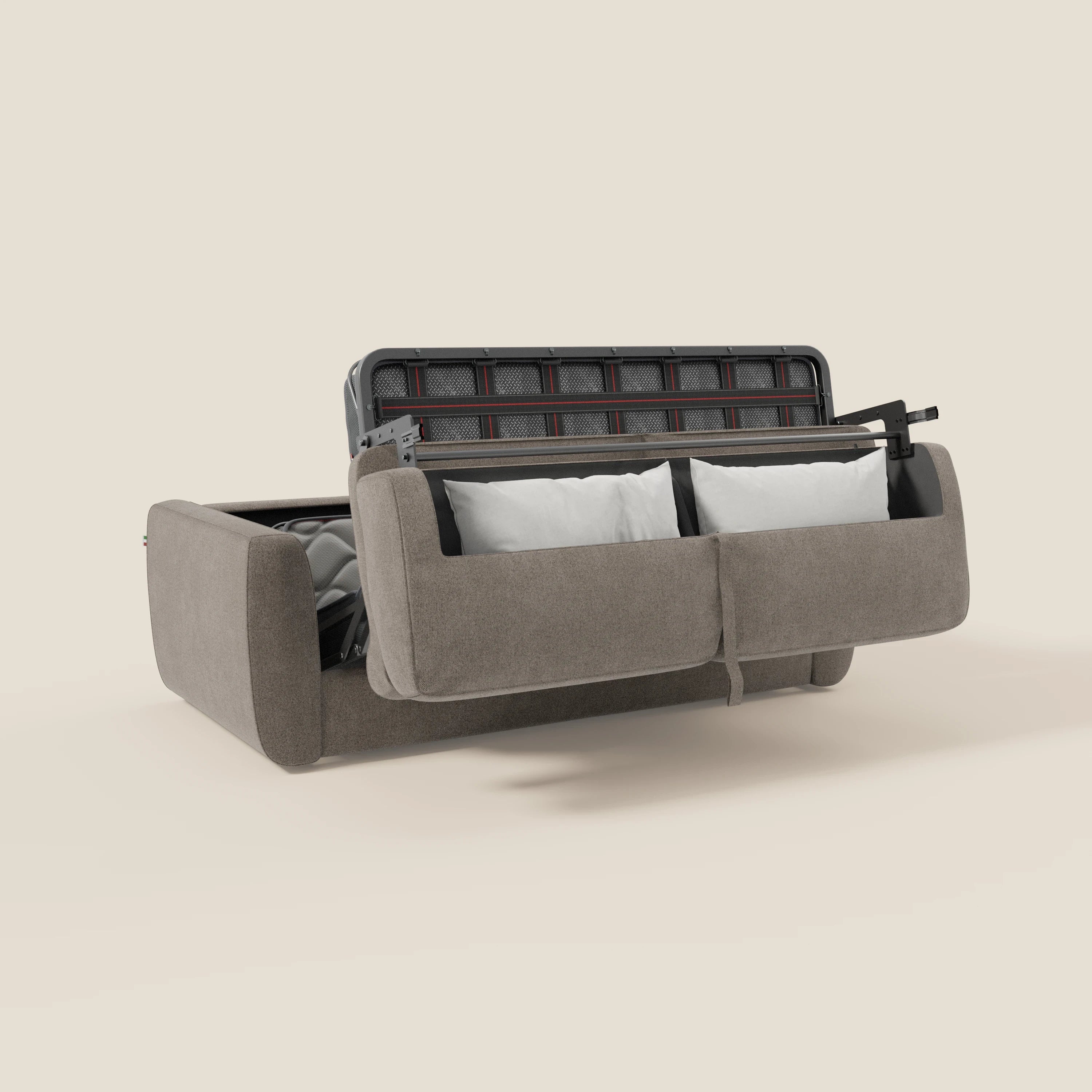 Leonida canapé convertible déhoussable et matelas H 18 cm - coffre à oreiller en tissu détachable T23 taupe