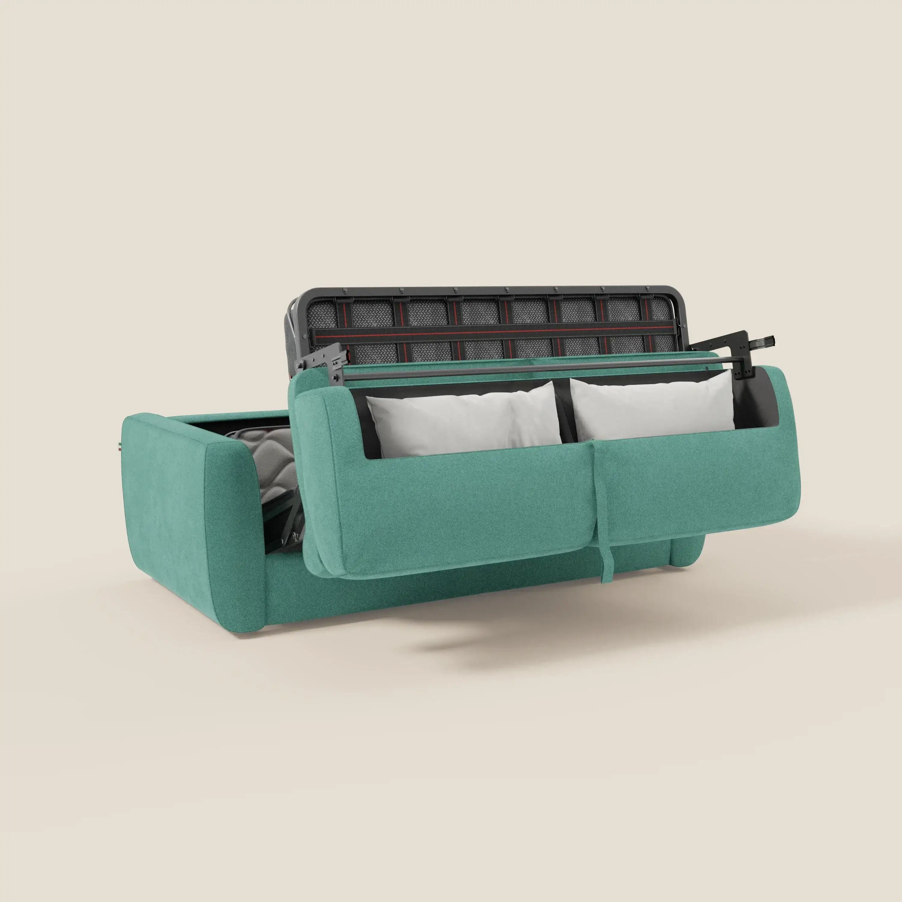 Leonida canapé convertible déhoussable et matelas H 18 cm - coffre à oreiller en tissu détachable T23 vert aquamarine