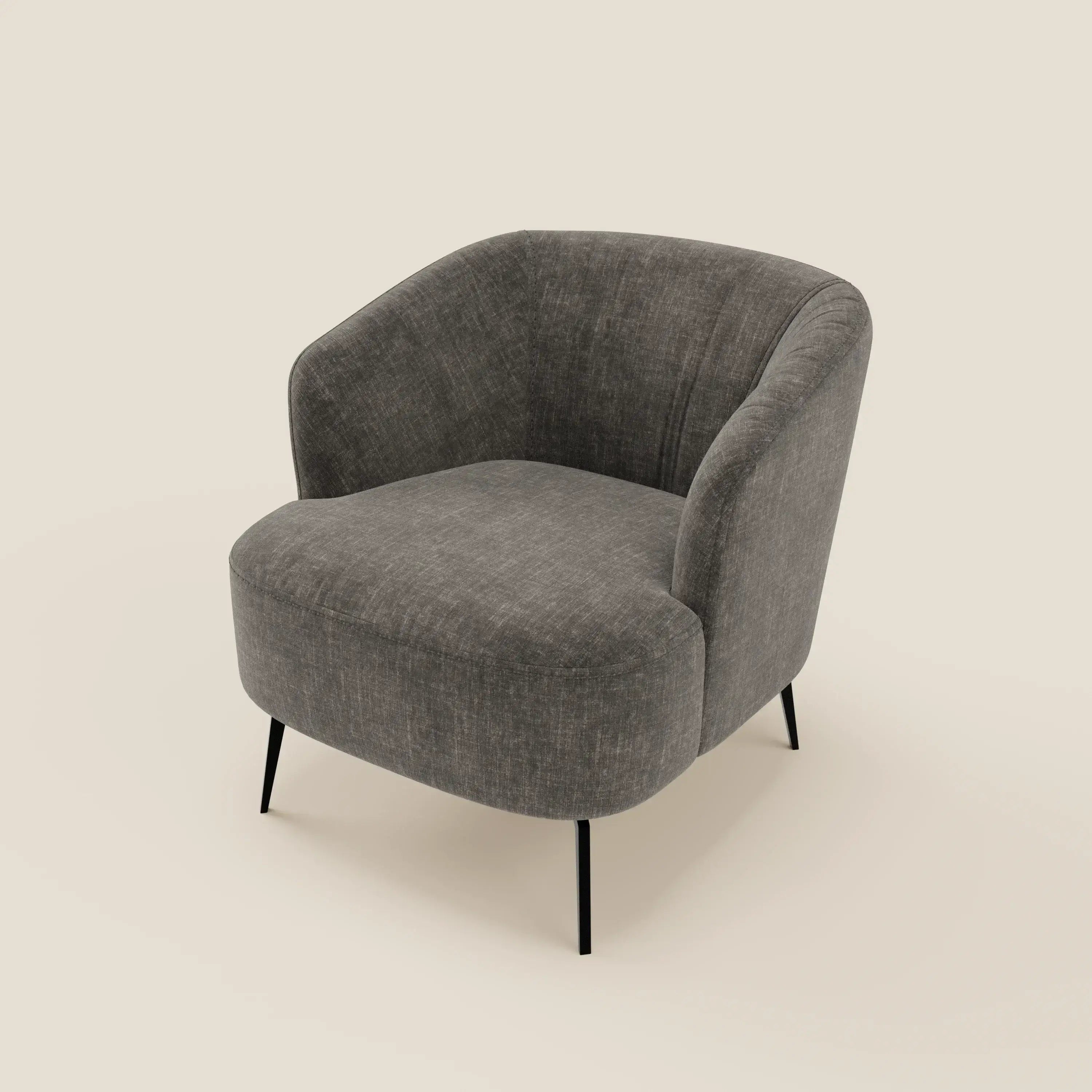 La Renoa Poltroncina di Divani.Store, con eleganza moderna e tessuto smacchiabile T24 antracite, ha schienale arrotondato e sottili gambe nere, per un tocco di design e comfort avvolgente in ogni salotto.
