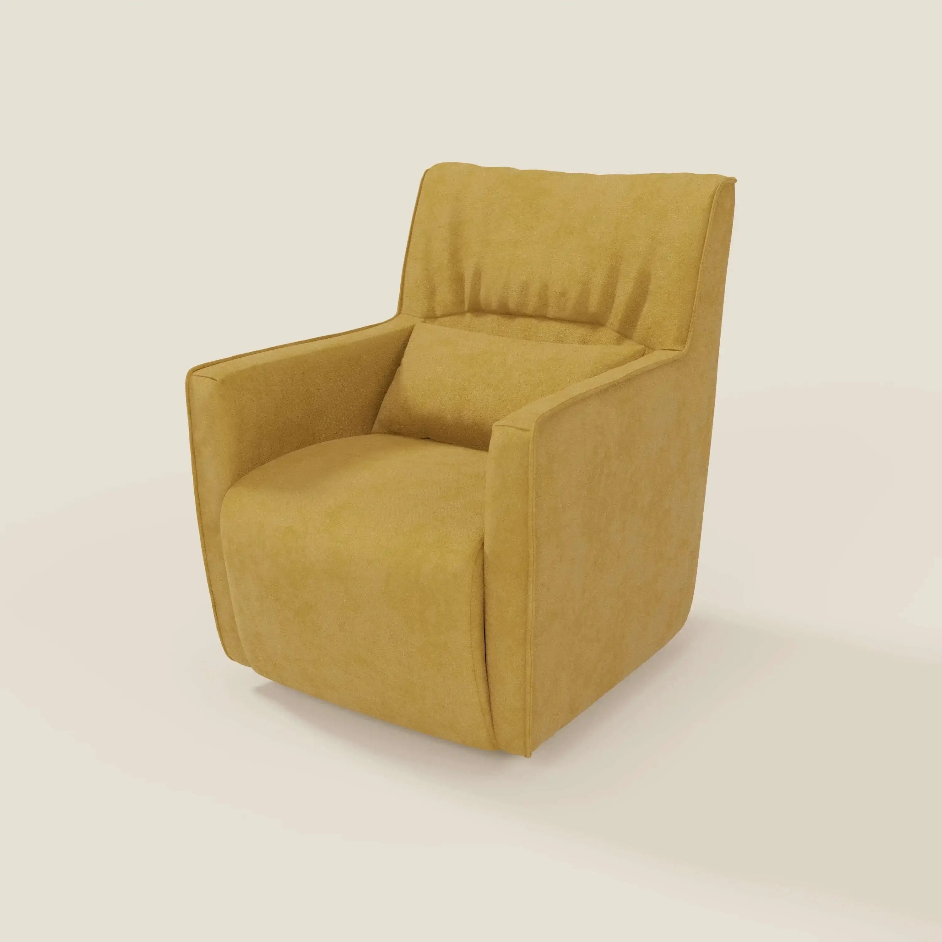 Tulla Poltrona girevole in tessuto impermeabile T02 giallo di Divani.Store è una poltrona moderna e squadrata con rivestimento giallo senape, cuscino in feltro, braccioli dritti e schienale reclinato, che unisce comfort e design pulito.