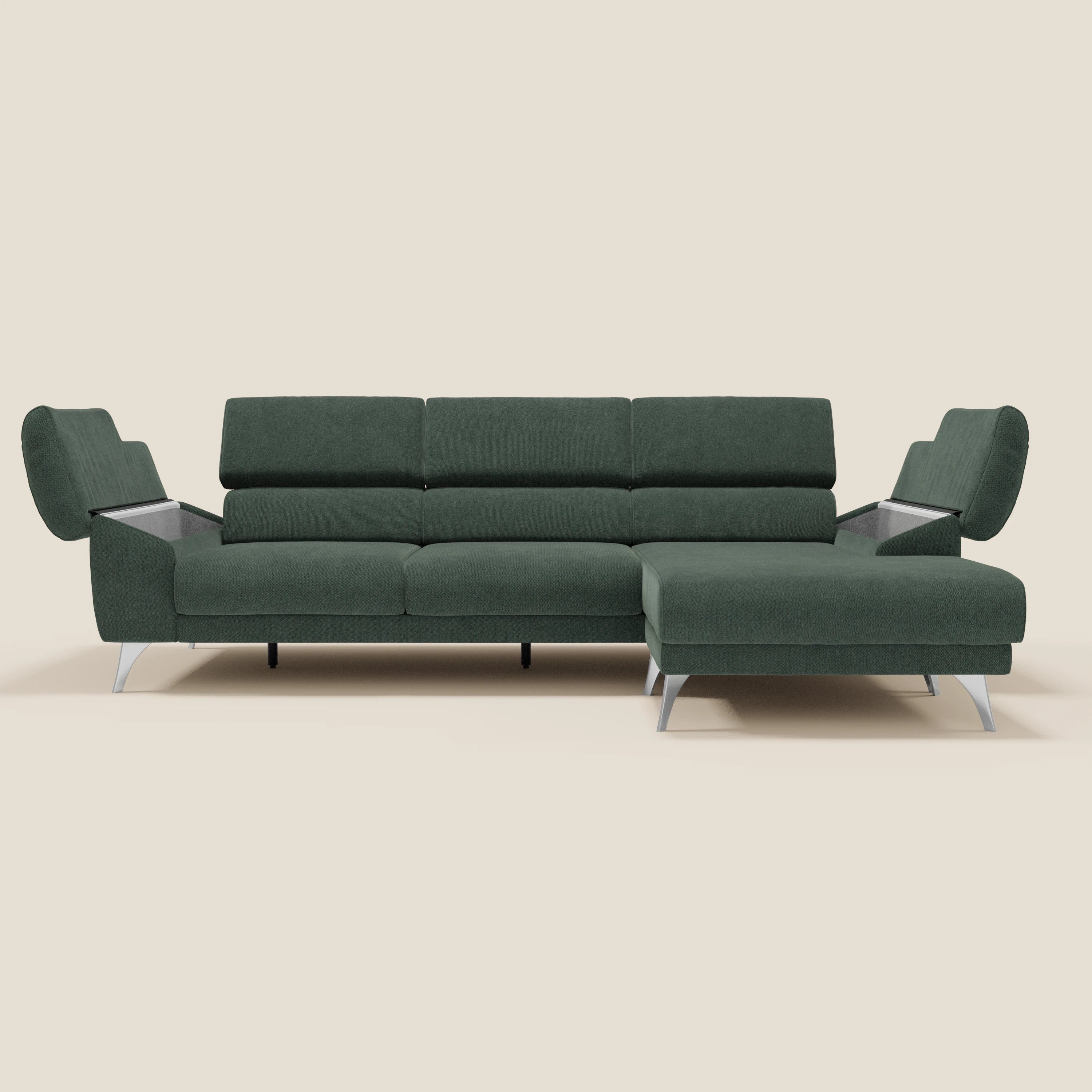 Donatello Canapé d'angle avec assises extensibles accoudoirs avec coffre et têtières en tissu détachable T23 vert