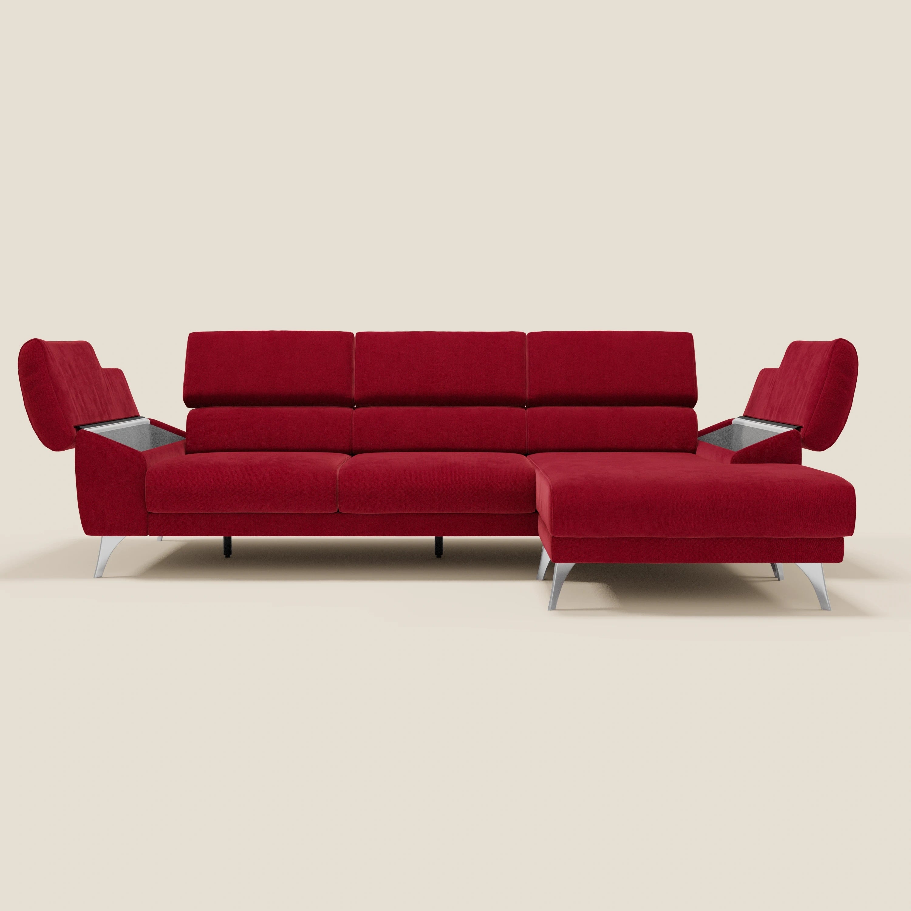 Donatello Canapé d'angle avec assises extensibles accoudoirs avec coffre et têtières en tissu détachable T23 bordeaux
