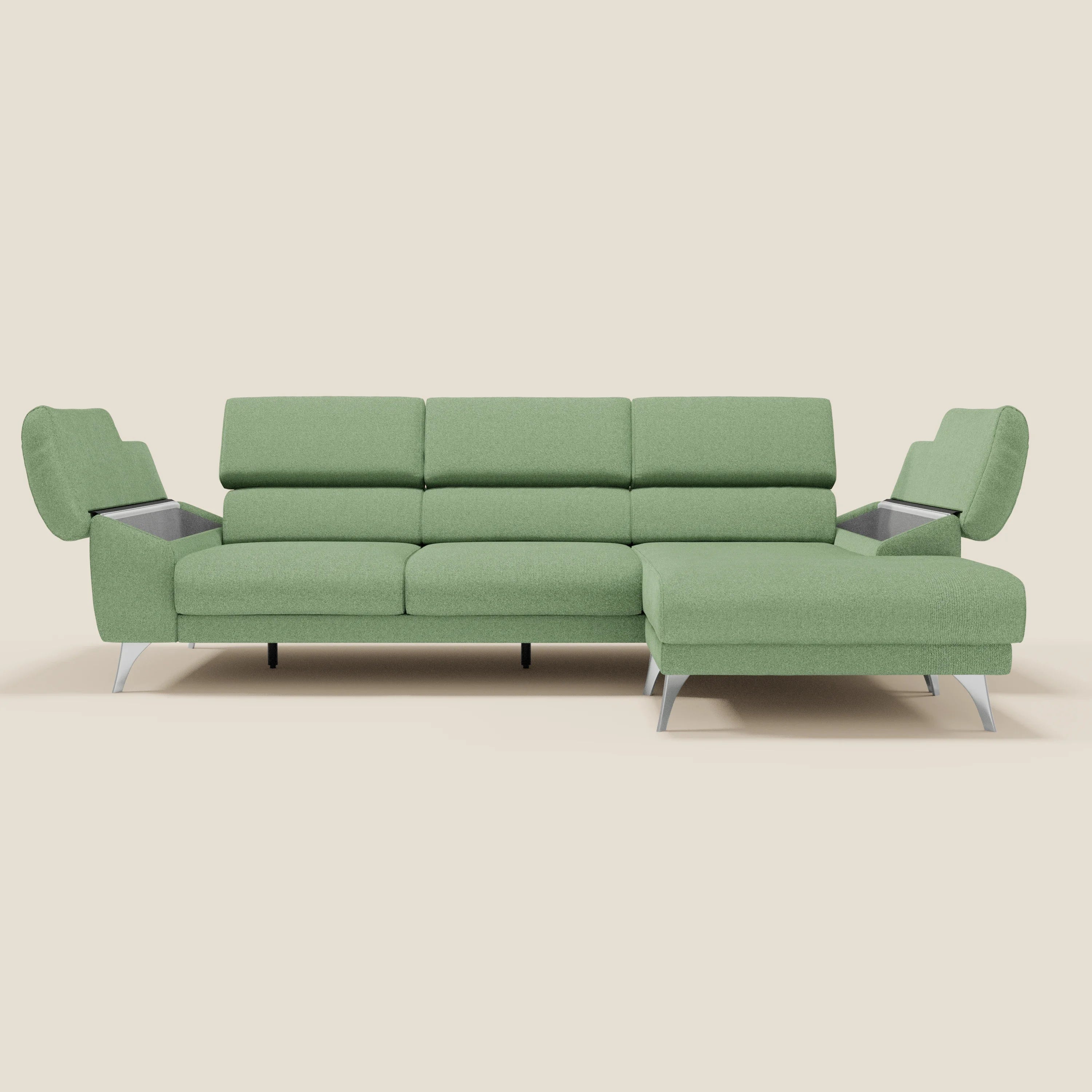 Donatello Canapé d'angle avec assises extensibles accoudoirs avec coffre et têtières en tissu détachable T23 vert menthe