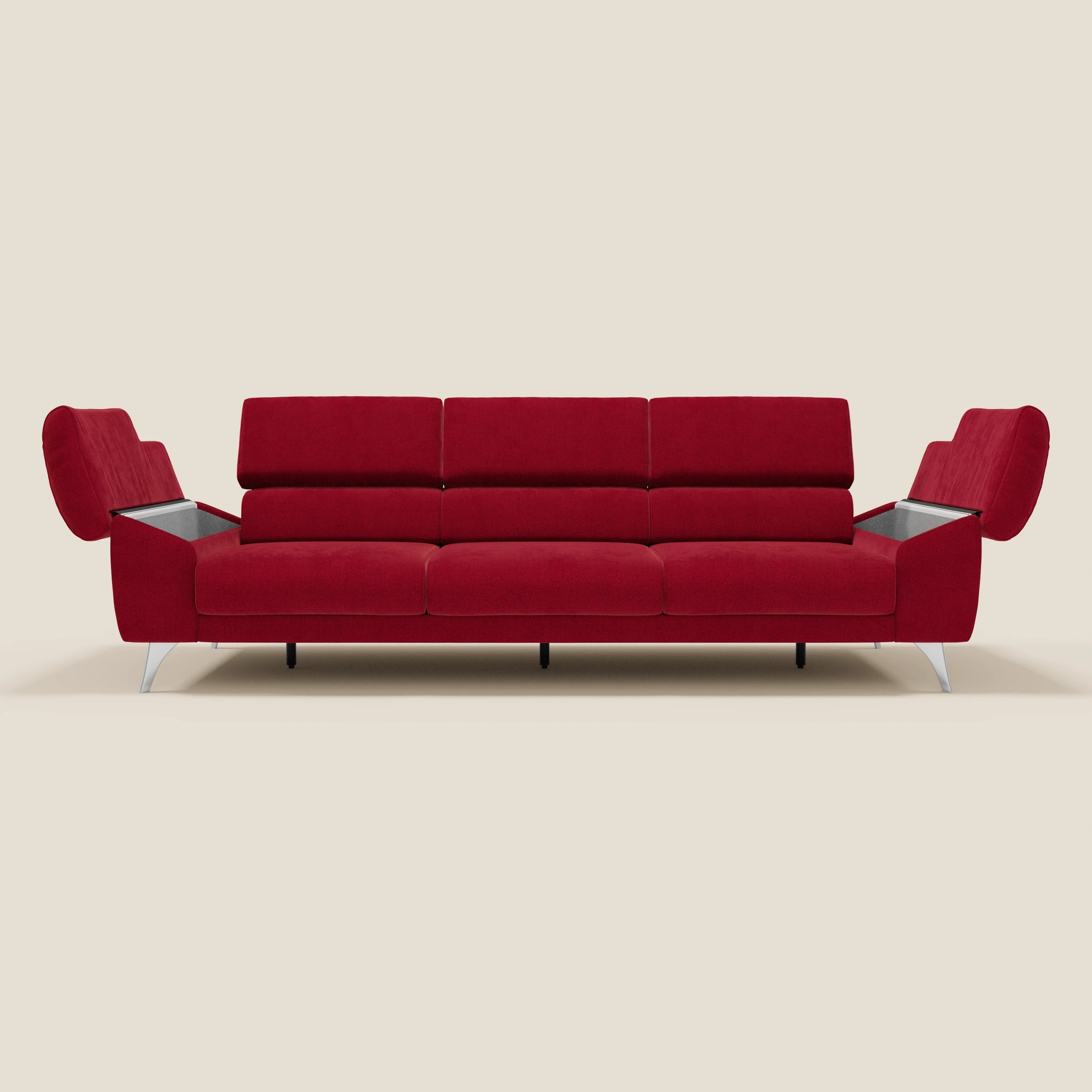 Donatello Canapé avec 3 assises extensibles accoudoirs avec coffre et têtières inclinables en tissu détachable T23 bordeaux