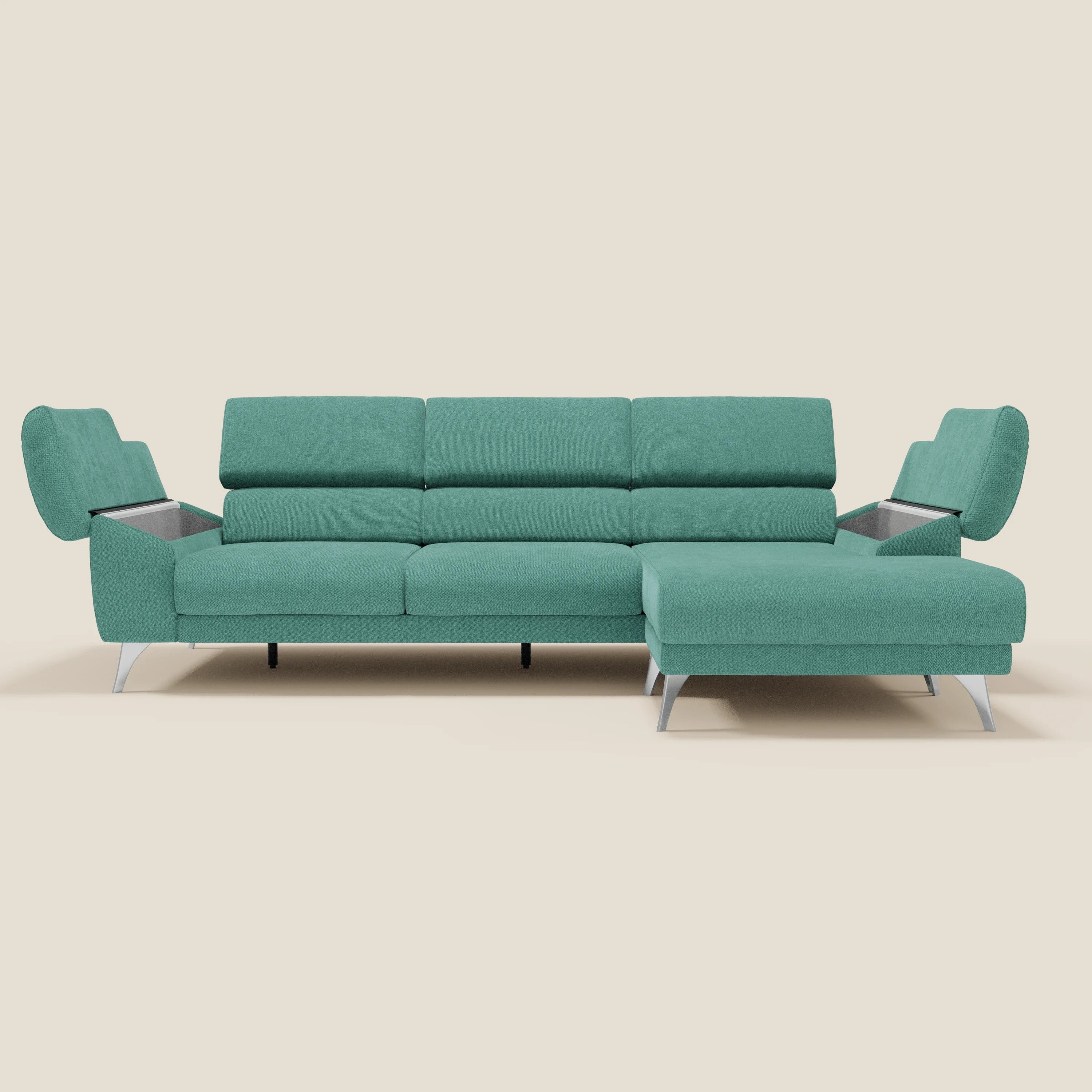Donatello Canapé d'angle avec assises extensibles accoudoirs avec coffre et têtières en tissu détachable T23 vert aquamarine