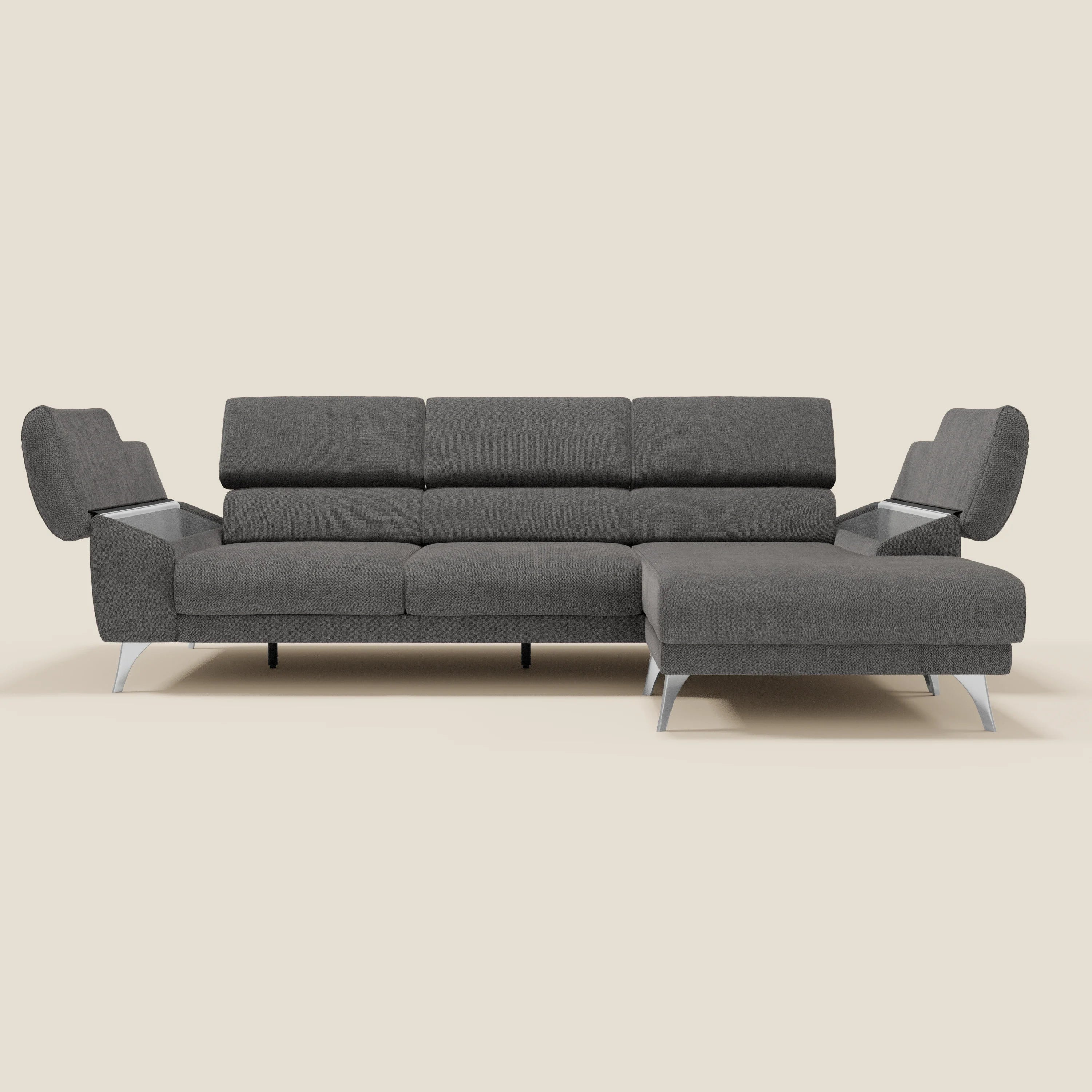 Donatello Canapé d'angle avec assises extensibles accoudoirs avec coffre et têtières en tissu détachable T23 anthracite