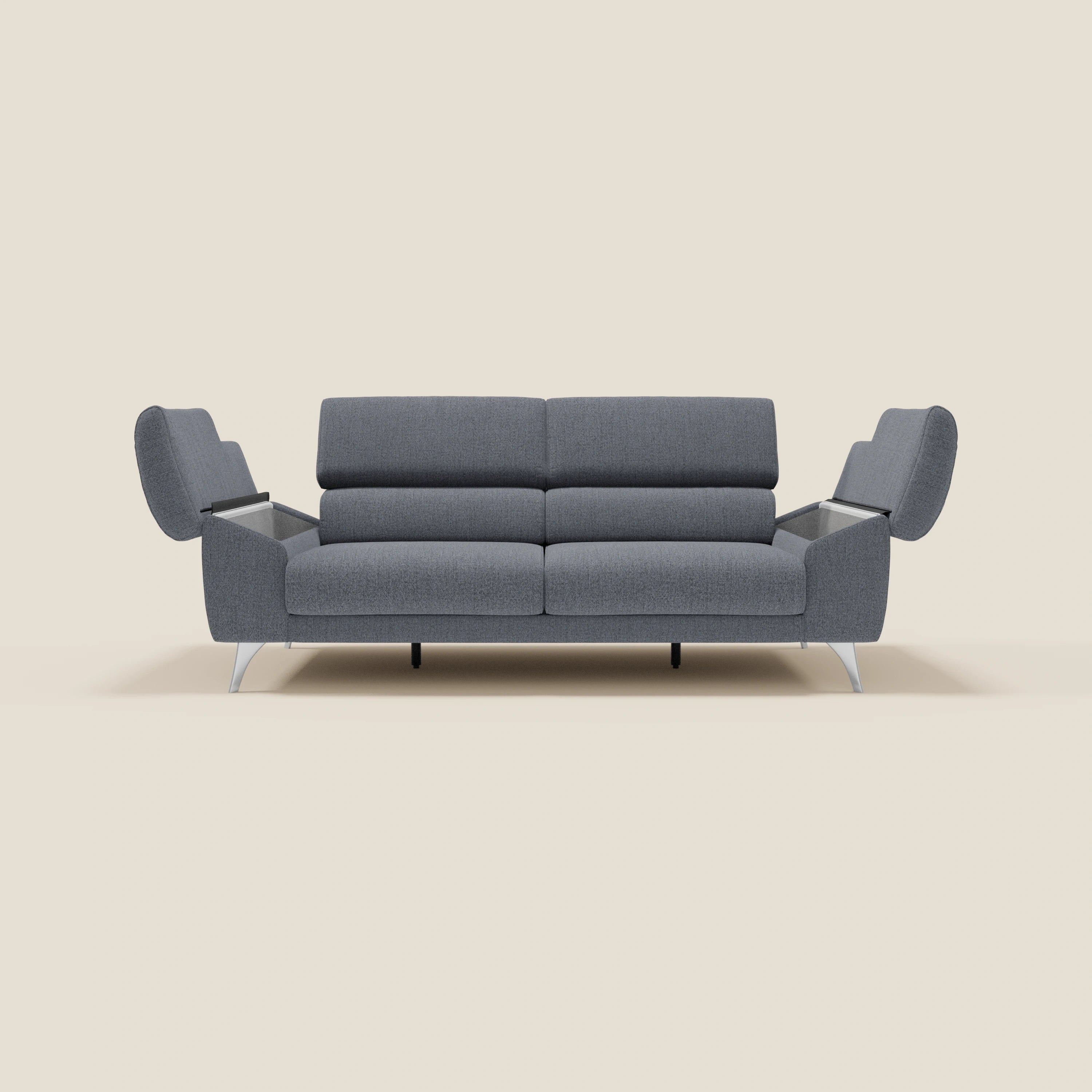 Donatello Canapé avec assises extensibles accoudoirs avec coffre et têtières inclinables en tissu détachable T23 bleu graphite