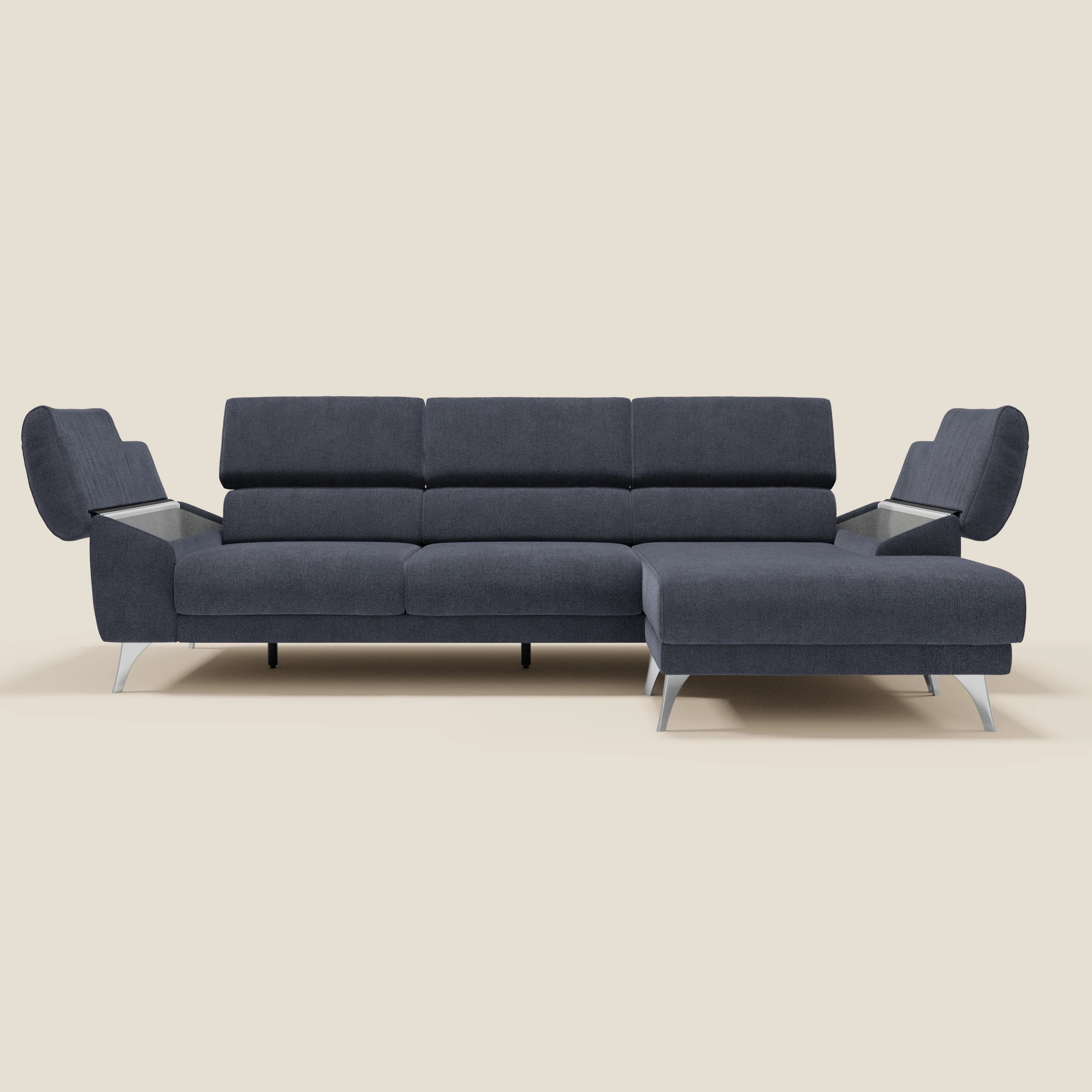 Donatello Canapé d'angle avec assises extensibles accoudoirs avec coffre et têtières en tissu détachable T23 bleu ardoise