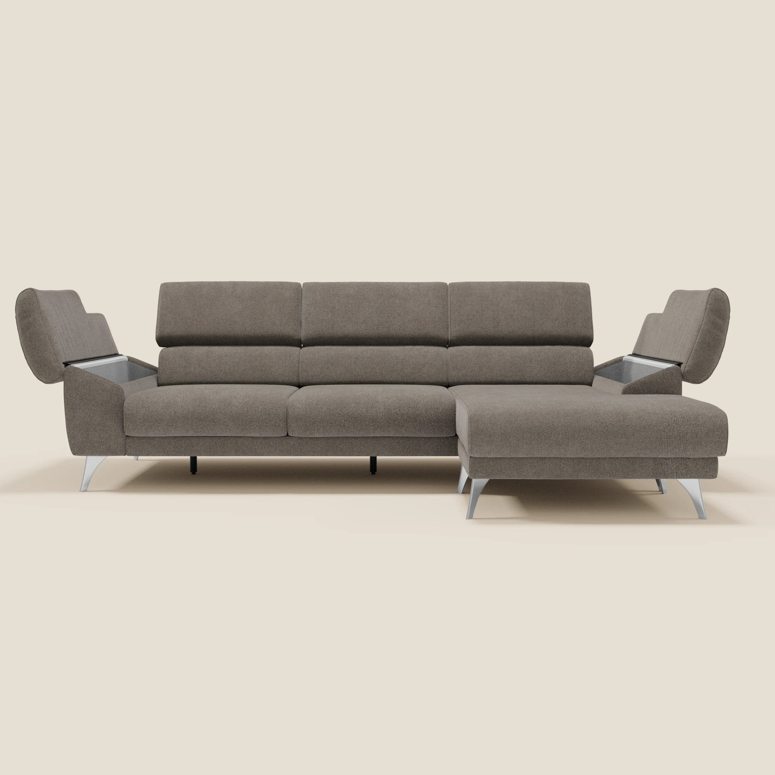 Donatello Canapé d'angle avec assises extensibles accoudoirs avec coffre et têtières en tissu détachable T23 taupe